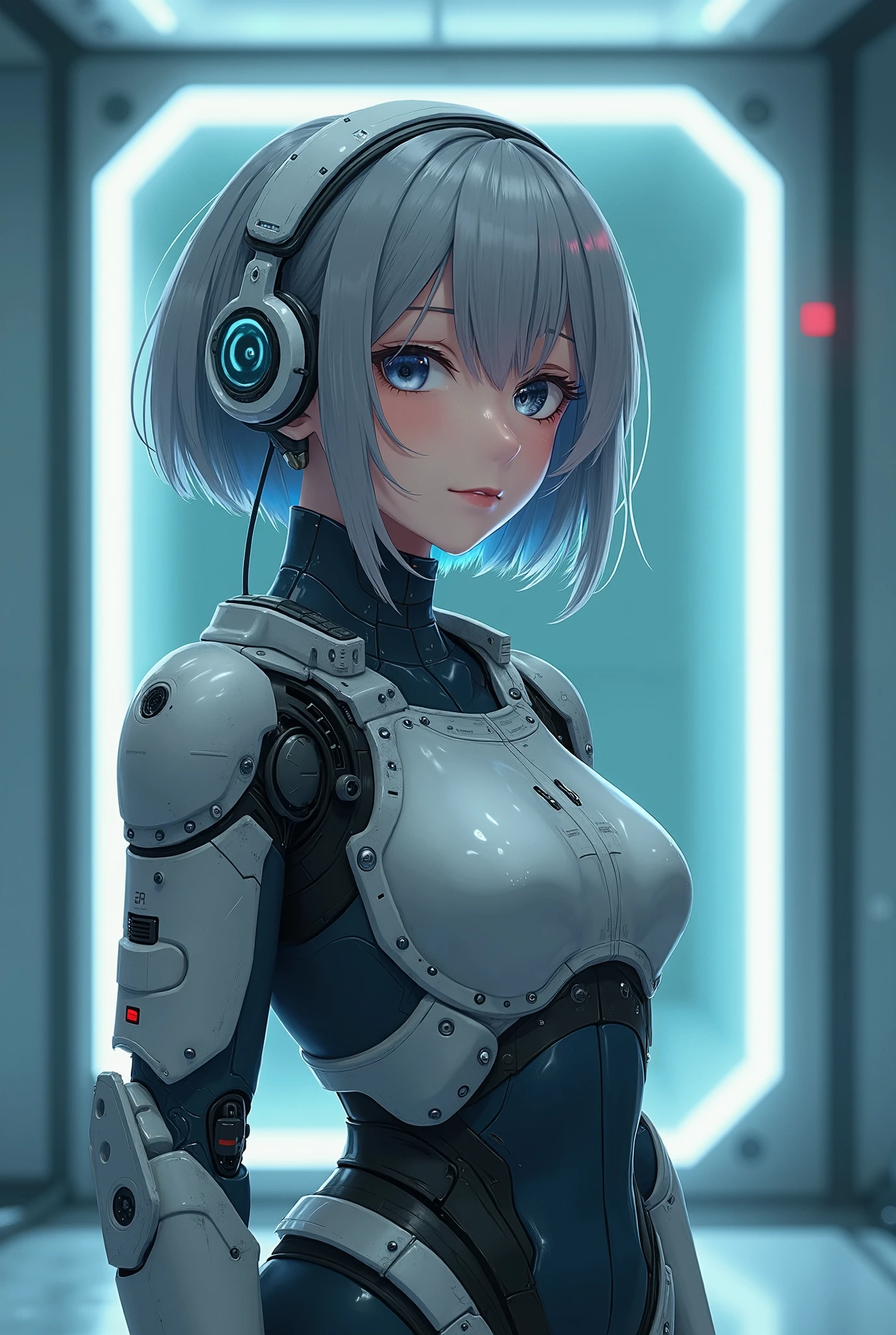 a extremely delicate and beautiful girl, anime style,masterpiece, high quality, best quality, highly detailed, insanely detailed, 4K、1 female robot、The model is a Japanese woman in her 50s.、Internal machinery exposed、silver metallic robot body、Spherical joints、Robot joints、antenna shaped ears、Blue eyes、Emotionless eyes、Emotionless facial expressions、robot woman、Robot Girl、Female Android、boobs robot、boobs android、Oil leakage、Inter-strands、Sex Android