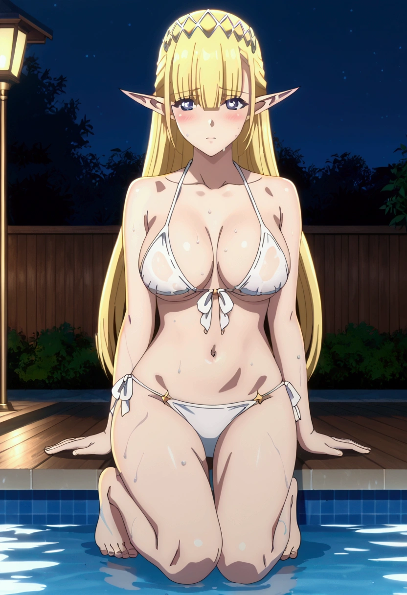 Seras Ashrain, 1girl, , blonde hair, solo, long hair, blue eyes, large breasts, blunt bangs, elf, pointy ears, anime screencap, anime coloring, Bikini Swimwear, sexy pose, blush, shy, Pose seductively, Posing provocatively, Wet body, pool, night, looking at viewer, Body tingling, full body, Bare Neck