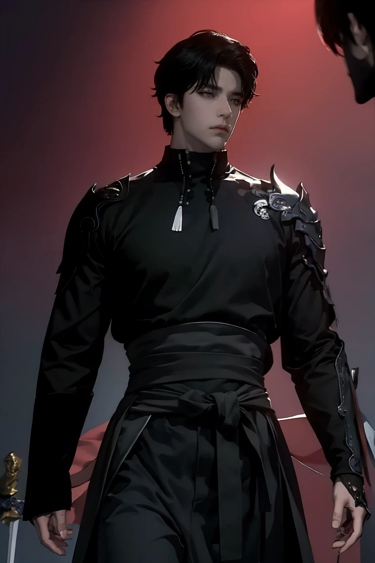 A dark-haired man with deep black eyes, imposing and handsome, Sasuke Uchiha, wearing a black warrior outfit and a sword at his waist, (best quality,4k,8k,highres,masterpiece:1.2),ultra-detailed,(realistic,photorealistic,photo-realistic:1.37),1boy,detailed facial features,intricate details,dramatic lighting,cinematic composition,dark fantasy,moody atmosphere,chiaroscuro,vibrant colors,dramatic shadows
