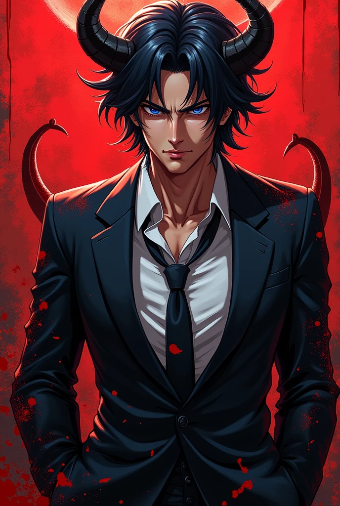 anime guy in a suit with a blood splattered background, inspired by Okumura Masanobu, anime handsome man, tall anime guy with blue eyes, handsome japanese demon boy, handsome anime pose, he's very menacing and evil, gapmoe yandere, male anime character, hijikata toushirou of gintama, male anime style