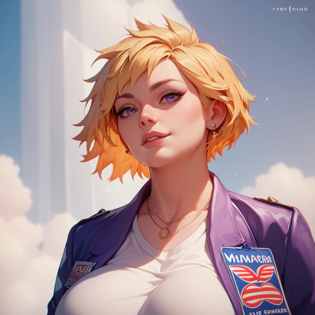 Female of majority 37 years old ,  short yellow hair pointed tufts ,  white shirt with neckline purple jacket big breasts High resolution,  masterpiece, Detail,  lyrics, 