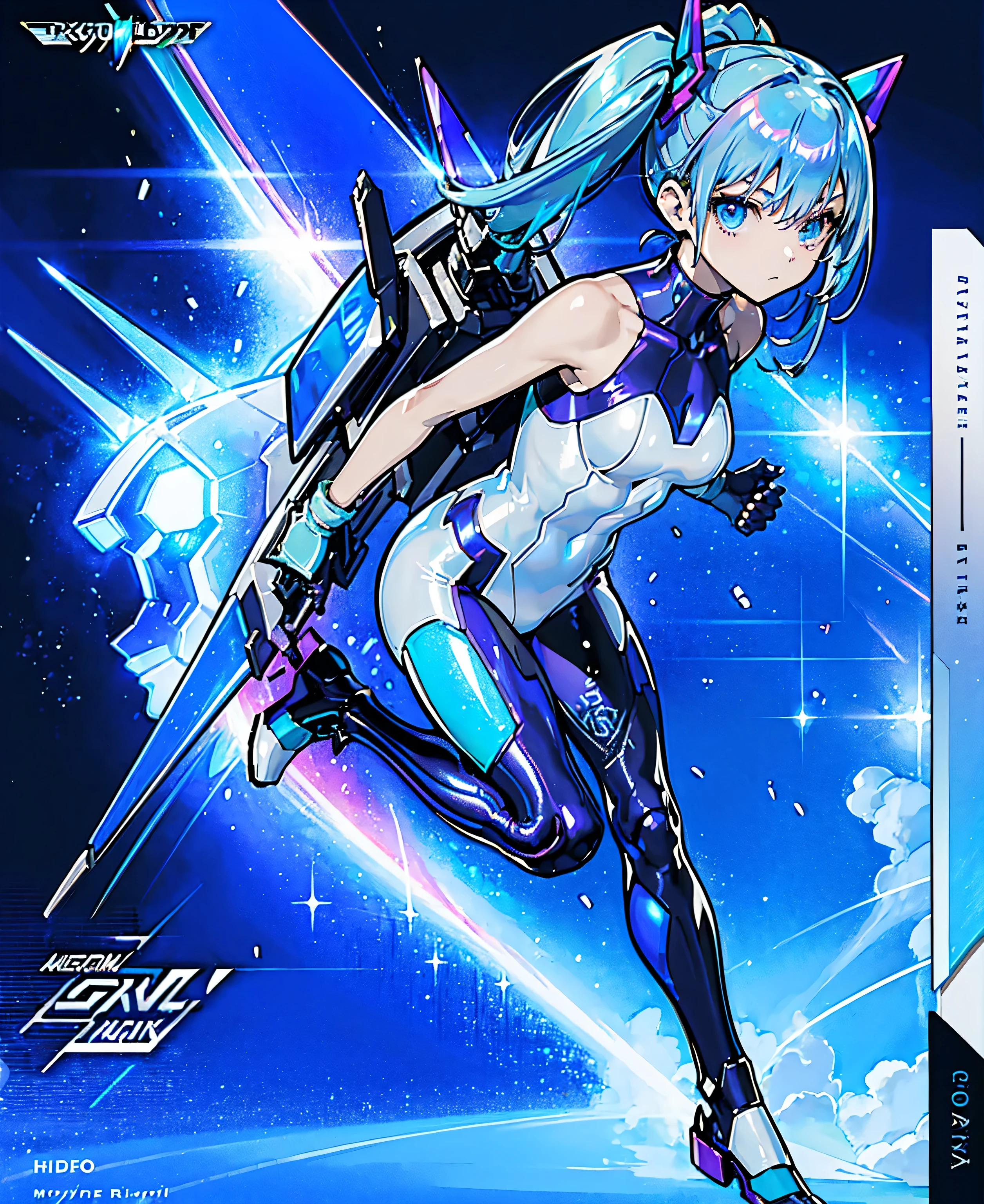 ((Holographic glow effect))、 blue hair 、Masterpiece、 Best Quality、1 person、Medium breast、(( album cover ))、 light on face、 slim body、 blue costume、Exoskeleton、Metal Gear、 cyberpunk style、 ponytails、Gundam Pilot、attention arousal，Ride a fighter jet 、 gloves up to the elbow 