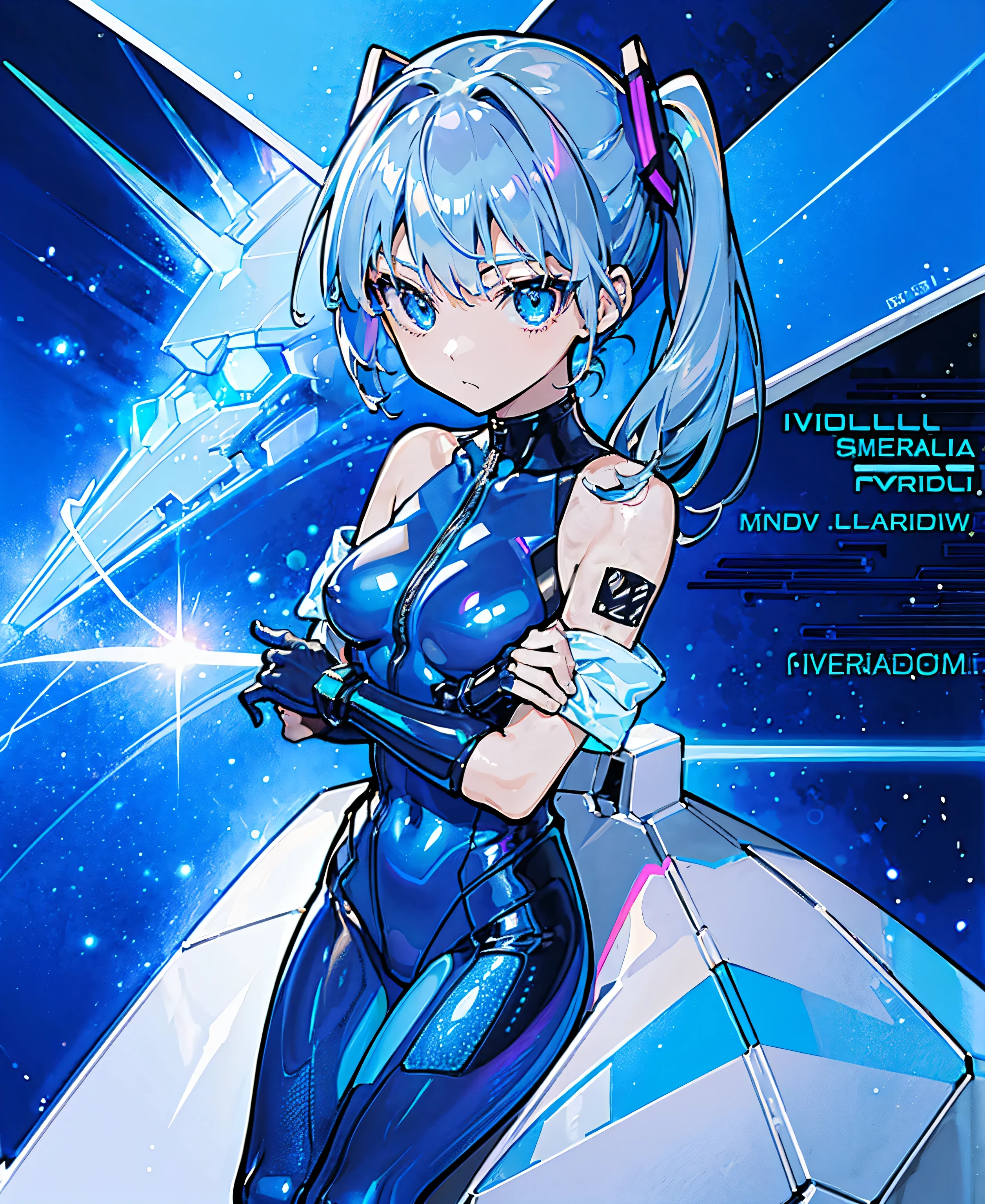 ((Holographic glow effect))、 blue hair 、Masterpiece、 Best Quality、1 person、Medium breast、(( album cover ))、 light on face、 slim body、 blue costume、Exoskeleton、Metal Gear、 cyberpunk style、 ponytails、Gundam Pilot、attention arousal，Ride a fighter jet 、 gloves up to the elbow 