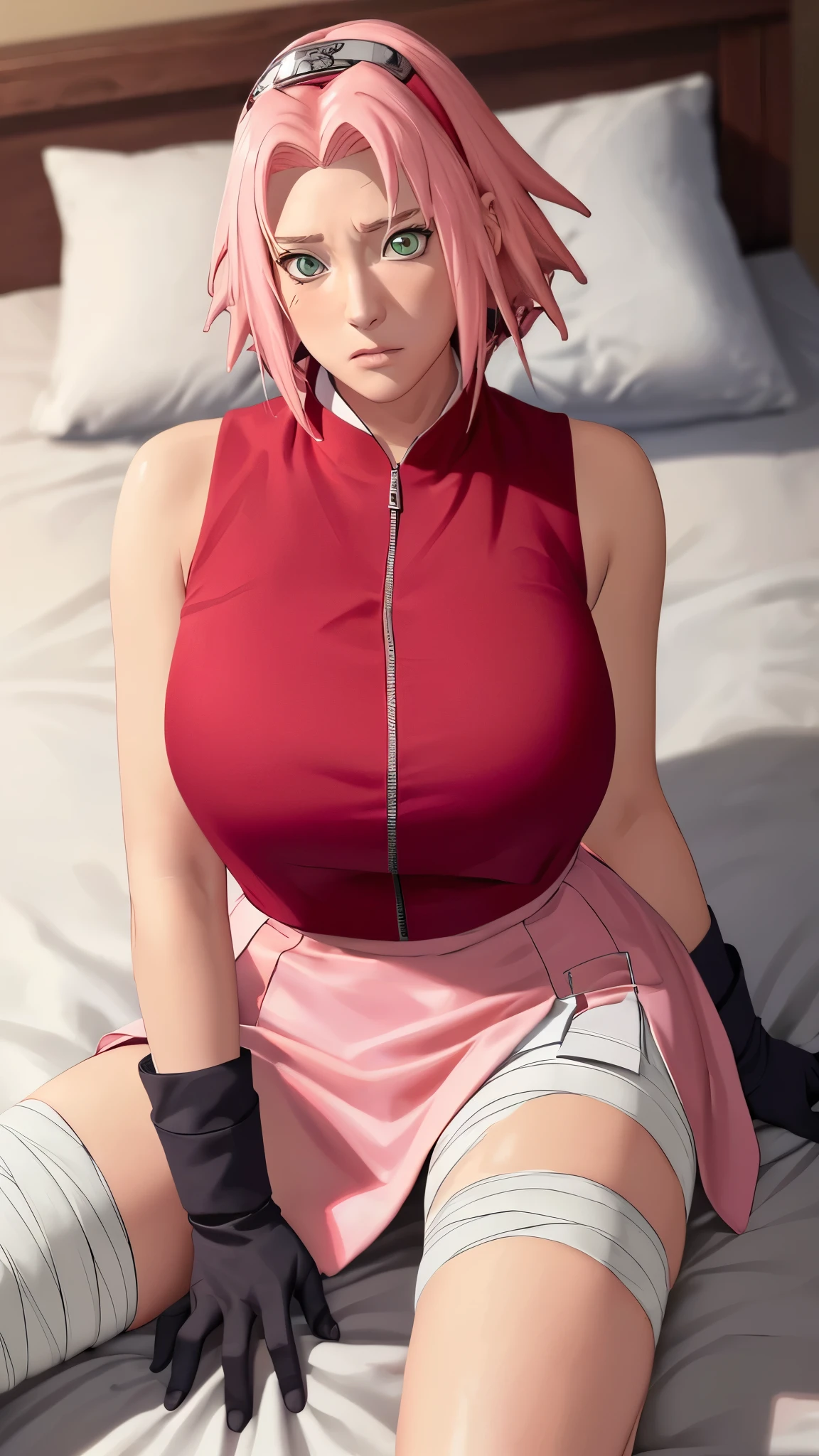 (（（figure，御姐figure,White and tender skin,（（（Sakura Shippuden, red jacket, bandaged leg, skirt, black short, sleeveless, black gloves, ）））,(（（Sasuke Boruto，sakura warshippuden, green eyes， bangs,Pink short hair））),，((masterpiece)), highres icon,((Best quality at best)),masterpiece,quality,Best quality,(（（  to the audience,Light in the eyes， blush，shy）））， huge chest, lying in bed ，exhausted，）））