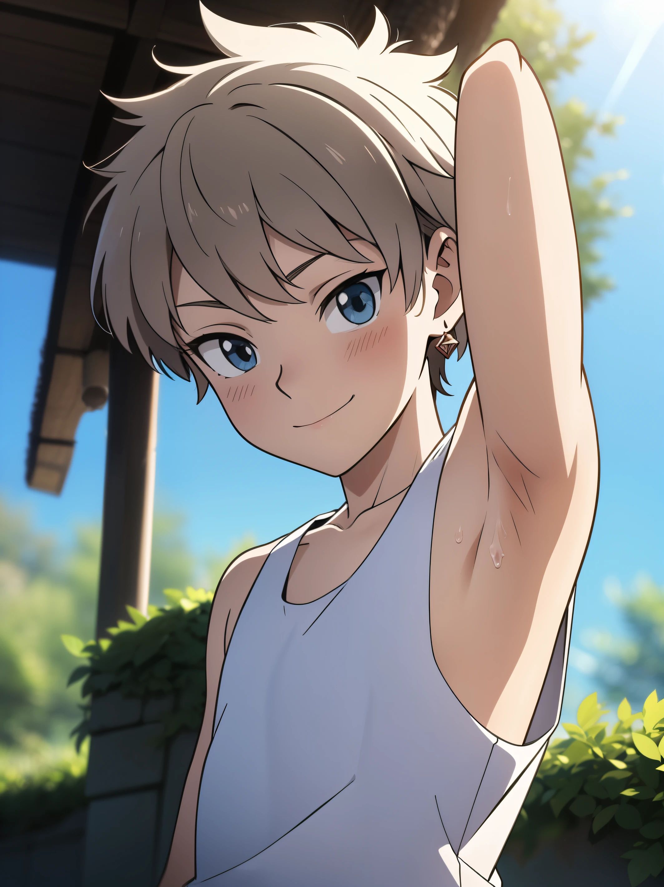 Highres, Masterpiece, Best quality at best,Best Quality,hight quality, hight detailed, Anime style, 1boy, Boy, Shota, Solo person, hansome, short hair, Earring, Tank top, Upper body, Summer day, naughty smile, Slim body, Blurry beckground, Seen from the front, (Showing armpit:1.3), ( boy), (very small and short body), Uhd