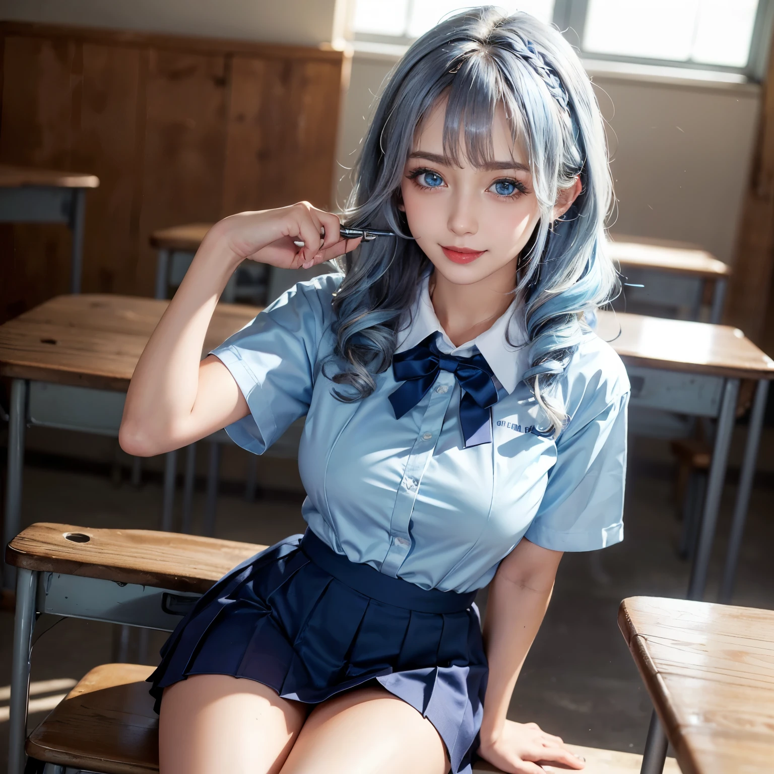 Anime - Stylistic image of a woman in a white shirt and a black skirt, seductive anime girls, Smooth anime CG art, On a table, beautiful and seductive anime woman, Surrealism female students, Realistic schoolgirl, Surrealism female students, 2 b, 2b, sakimichan, [ 4 K digital art ]!!, Perfect white haired girl，huge tit，Blush，
