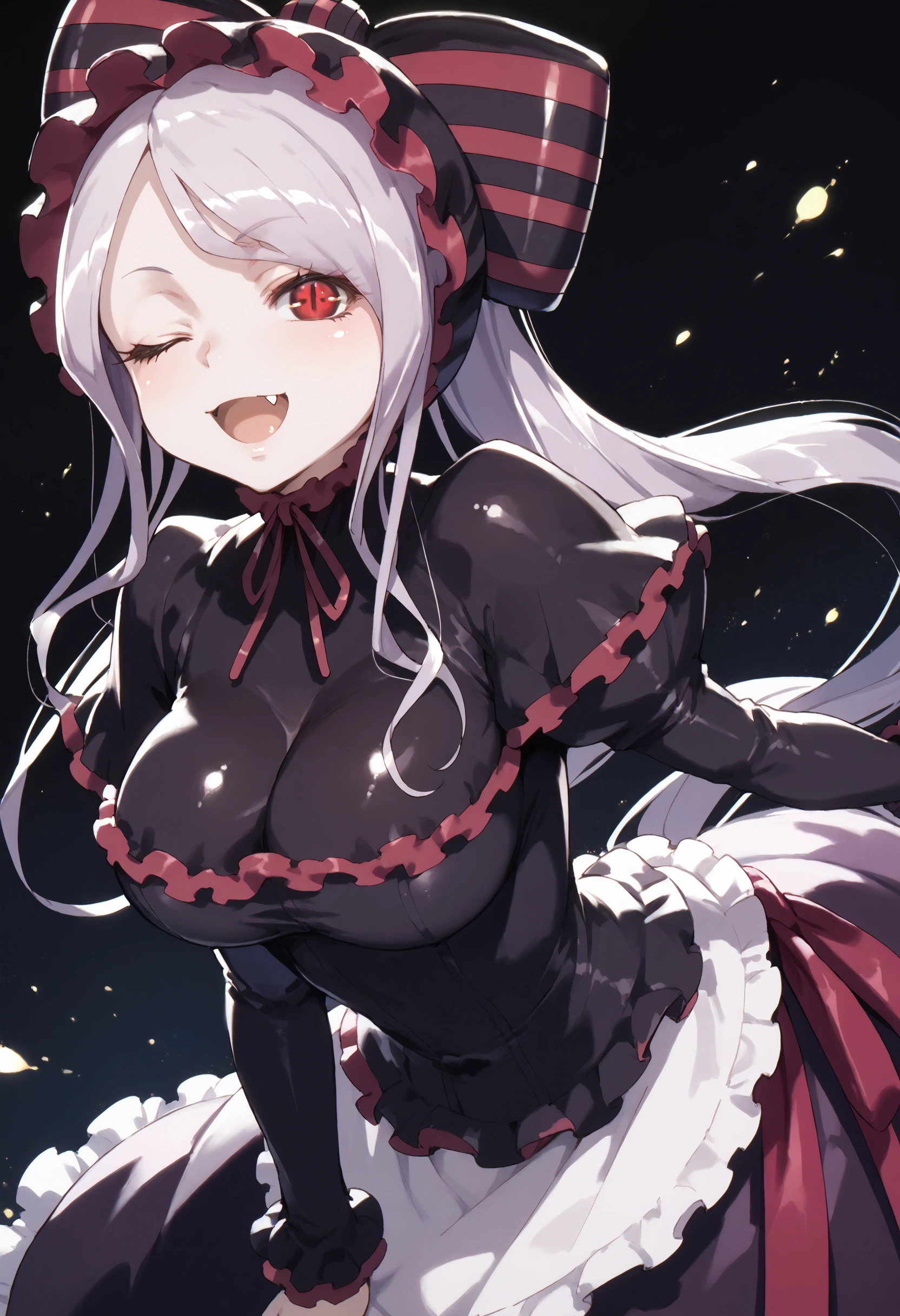 score_9, score_8_up, score_7_up,detailed background, shiny skin, posing,shalltear,large breasts,one eye closed, open mouth,fang