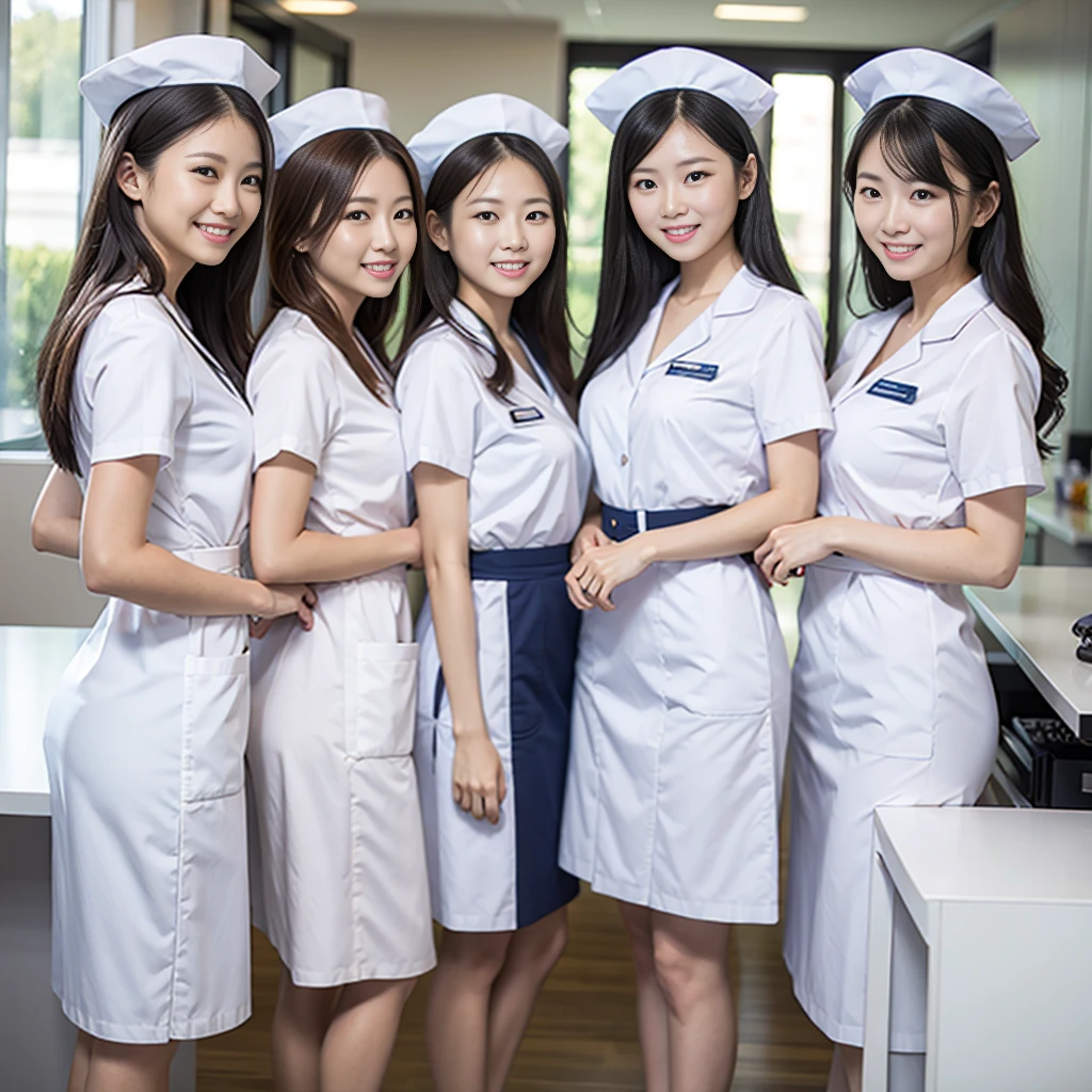 Three beautiful women、 、 upper body、 waist、Lady、[80mm lens、 best quality、 small breasts、 small breasts、thin、luxury、smile、Reception、Nurse uniform center naked、nurse、 nurse cap