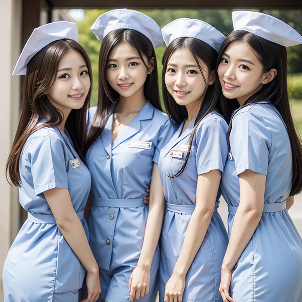 Three beautiful women、 、 upper body、 waist、Lady、[80mm lens、 best quality、 small breasts、 small breasts、thin、luxury、smile、Reception、Nurse uniform center naked、nurse、 nurse cap