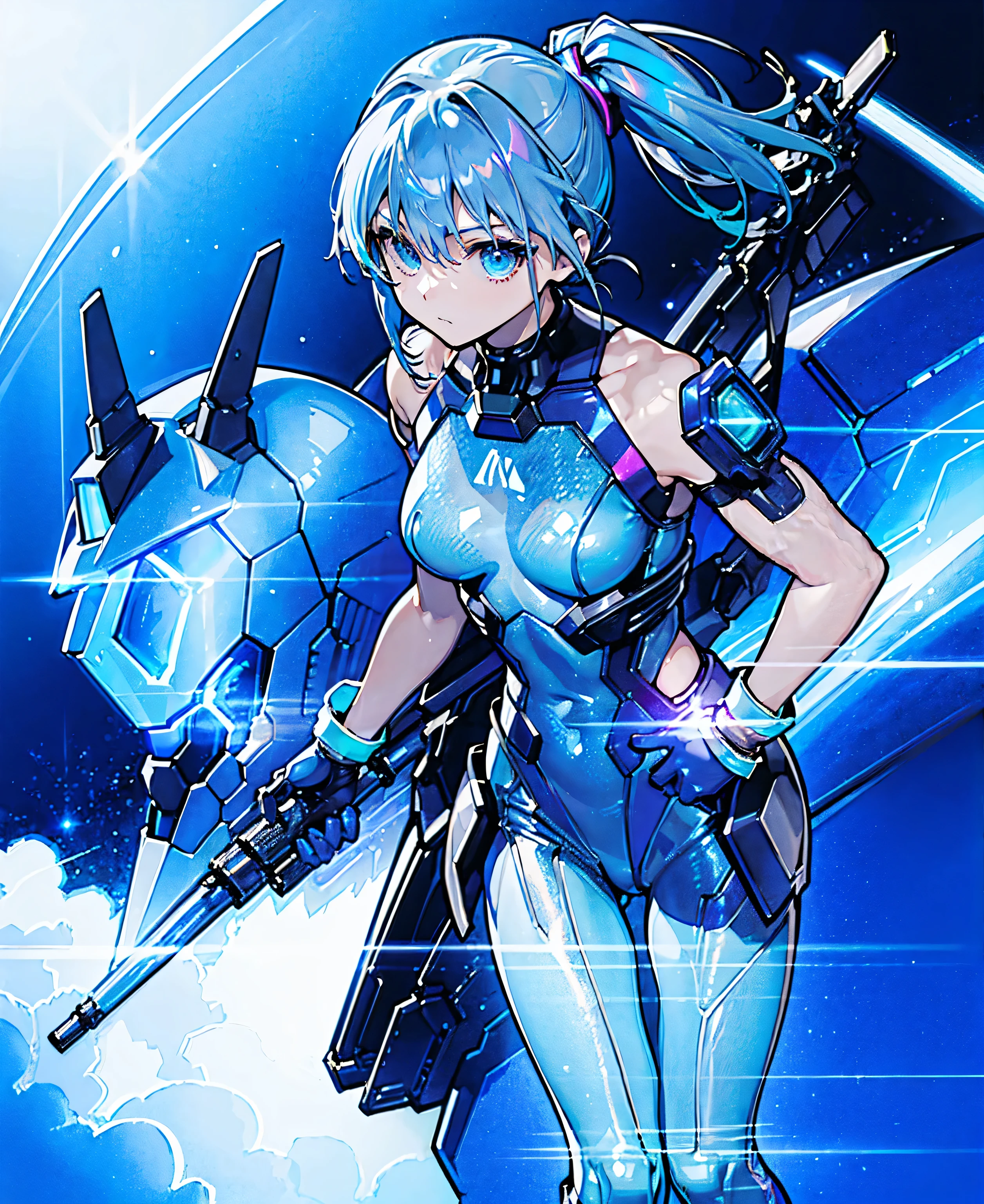 ((Holographic glow effect))、 blue hair 、Masterpiece、 Best Quality、1 person、Medium breast、(( album cover ))、 light on face、 slim body、 blue costume、Exoskeleton、Metal Gear、 cyberpunk style、 ponytails、Gundam Pilot、attention arousal，Ride a fighter jet 、 gloves up to the elbow 