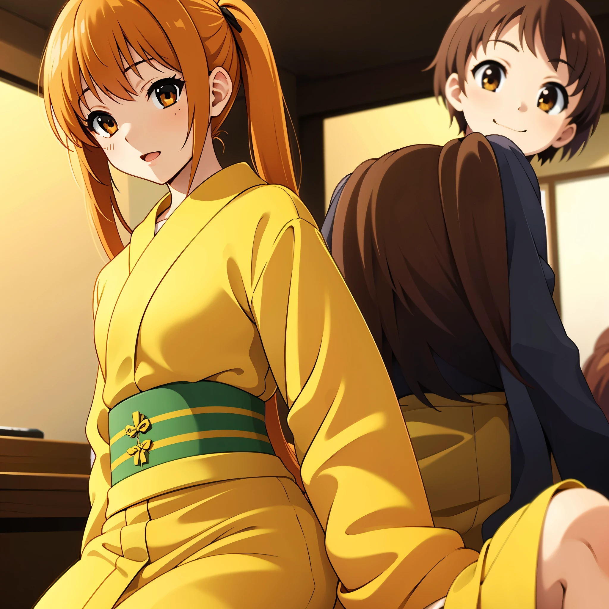 indoor, in japanese room, wearing yellow yukata, tatami, sitting, close mouth, blush, shy, focus face, break anime style, orange hair1:4, break high bridge1:8, BREAK super straight hair, BREAK , BREAK long side twin tails1:6, (best quality,4k,8k,highres,masterpiece:1.2),ultra-detailed,(realistic,photorealistic,photo-realistic:1.37), detailed face, detailed eyes, detailed lips, long eyelashes, extremely detailed facial features