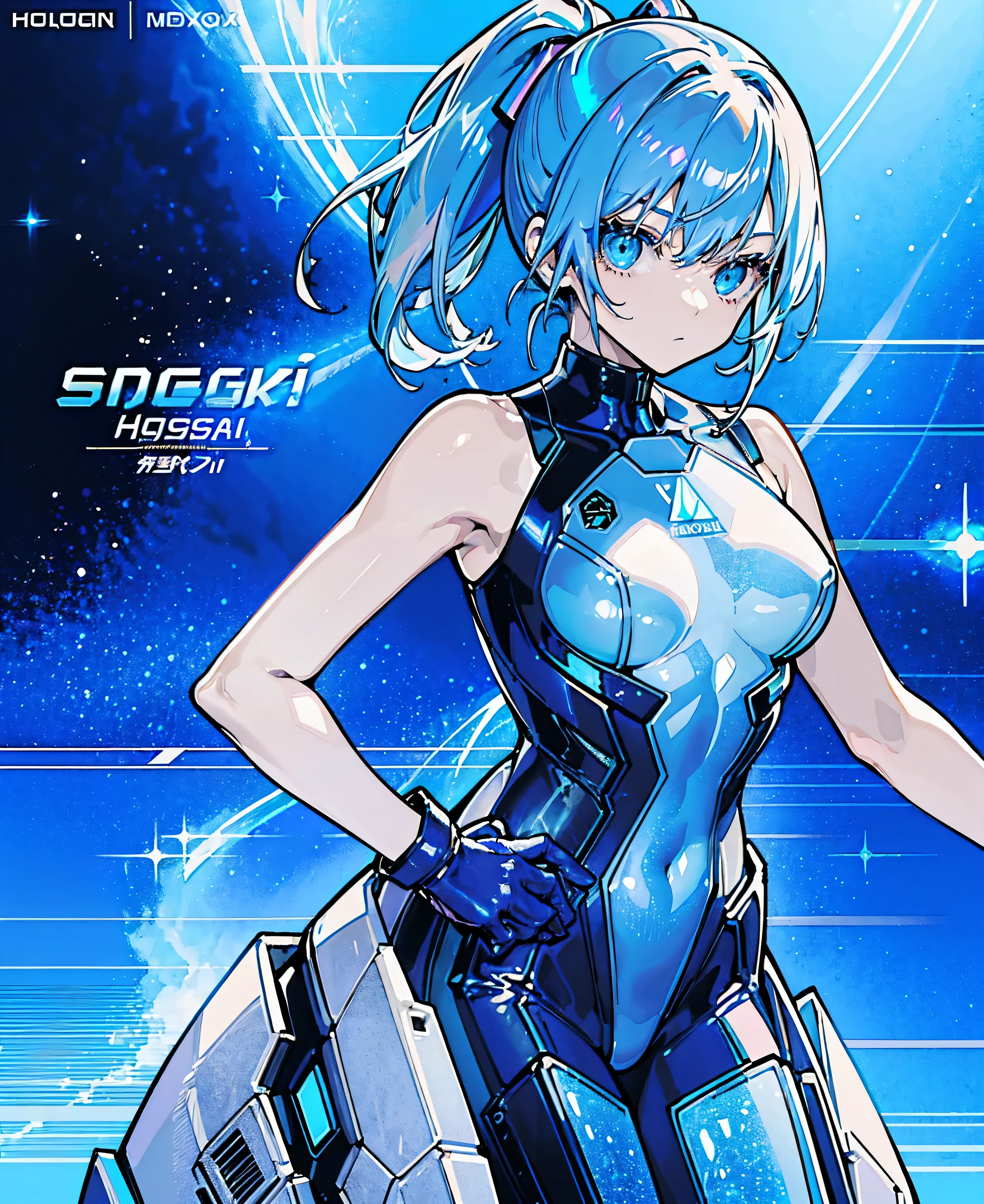 ((Holographic glow effect))、 blue hair 、Masterpiece、 Best Quality、1 person、Medium breast、(( album cover ))、 light on face、 slim body、 blue costume、Exoskeleton、Metal Gear、 cyberpunk style、 ponytails、Gundam Pilot、attention arousal，Ride a fighter jet 、 gloves up to the elbow 