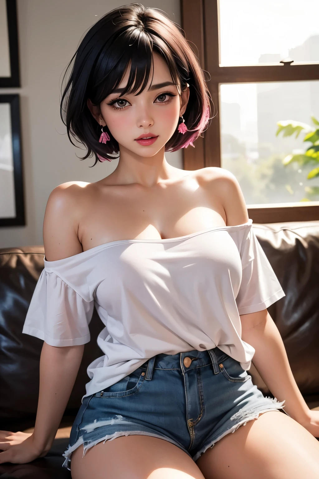 girl, anime, ((asian girl)), brown bob hair, dynamic hair, big brown eyes, pink lips, rosy cheeks, shy girl, lovely cute smile, lean body type, fair skin, big chest, big boobs, showing her chest, (cropped white T-shirt, no bra, see-through) , jeans hot pants, sitting in the sofa