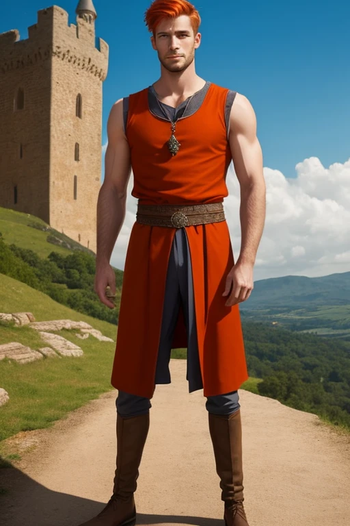 Photo-realistic. A pleased, tall, handsome, fit, 24-year-old Caucasian medieval prince, with short, fade-cut, burnt orange hair, and blue eyes, wearing a red and tan sleeveless tunic, with gray trousers, standing on a castle wall, looking out to the distance, on a cloudy afternoon.