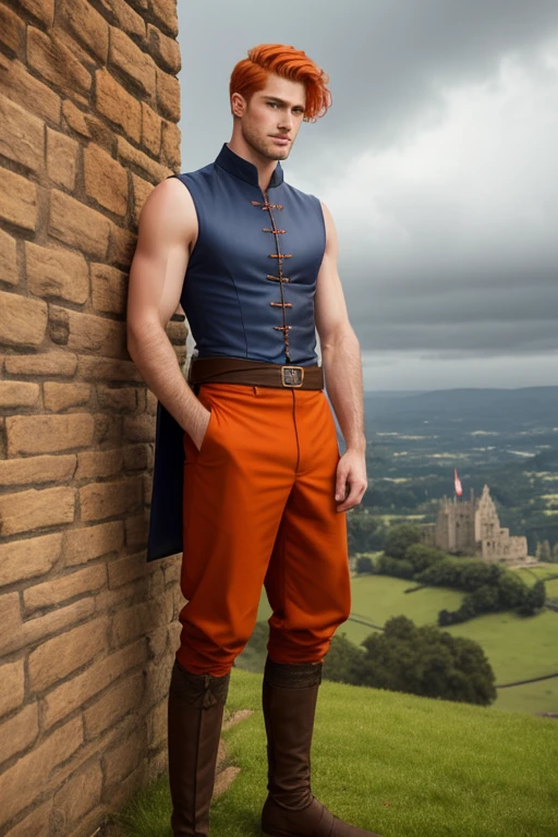 Photo-realistic. A pleased, tall, handsome, fit, 24-year-old Caucasian medieval prince, with short, fade-cut, burnt orange hair, and blue eyes, wearing a red and tan sleeveless tunic, with gray trousers, standing on a castle wall, looking out to the distance, on a cloudy afternoon.