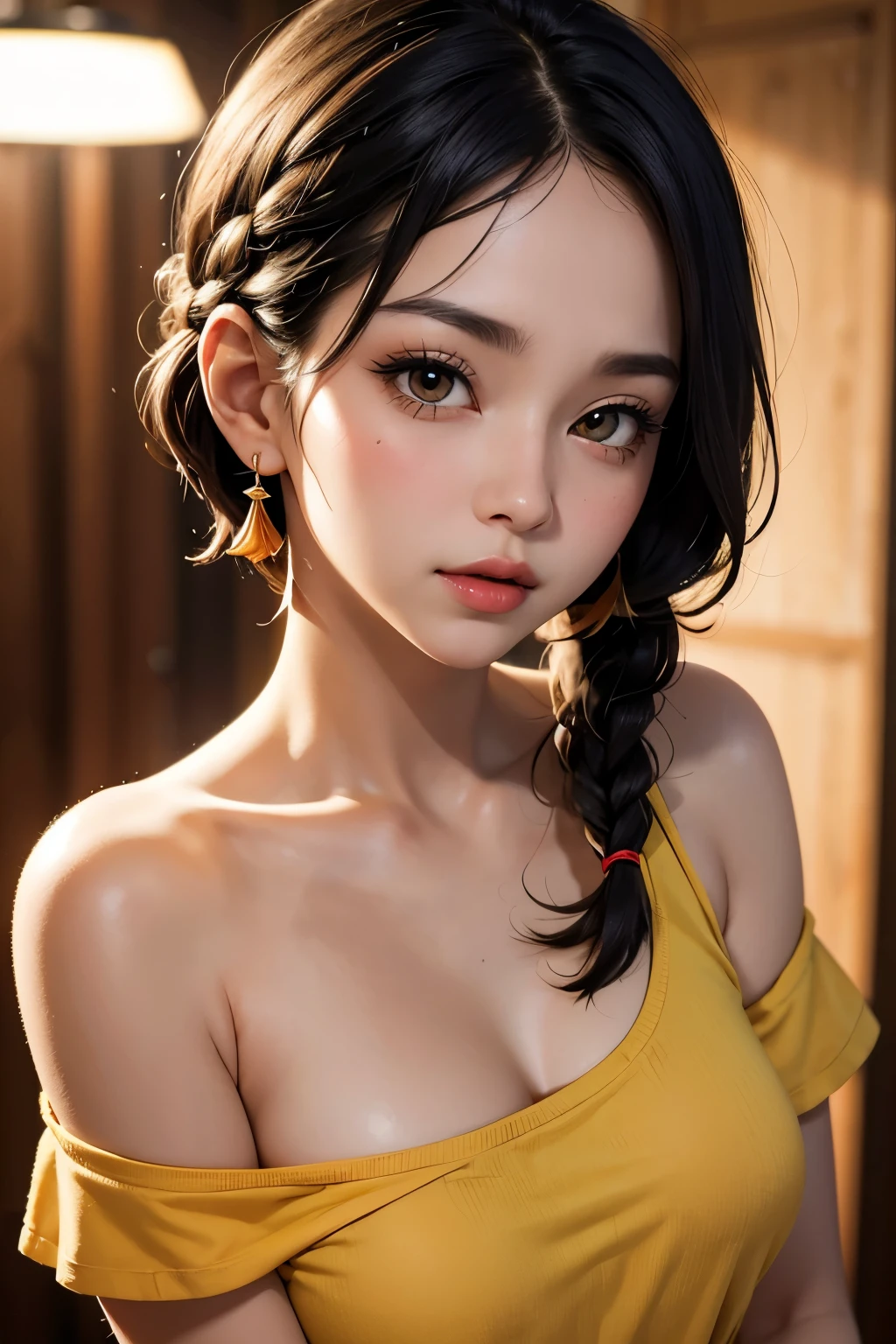 Amazing portrait of a city in night time in a modern apartment which is a high rise with a city view before the window a sexy woman stand with her hands down wearing a green shirt with long sleeves showcasing her cleavage and her collarbone wearing glasses with brown hair and purple eyes and her hair in a single braid wearing a yellow hair ornament who is a young female with beautiful fingers and beautiful long legs and a beautiful body and a beautiful nose with a beautiful character design and perfect eyes and a  perfect face and expressive eyes looking at viewer who is in the center of the image showing her upper body and focusing on her face with beautiful and large breasts and a beautiful face and a narrow waist