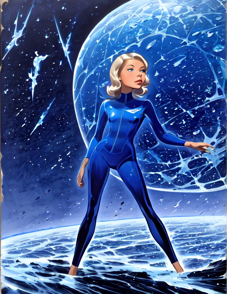 Woman wearing a blue retro wet suit with a clear bubble dome over her head.. . She is floating in space she as if she was standing stiff with her feet pointing downward. OThe is sharp jagged space debris floating around. She is in front of a wrecked star ship 