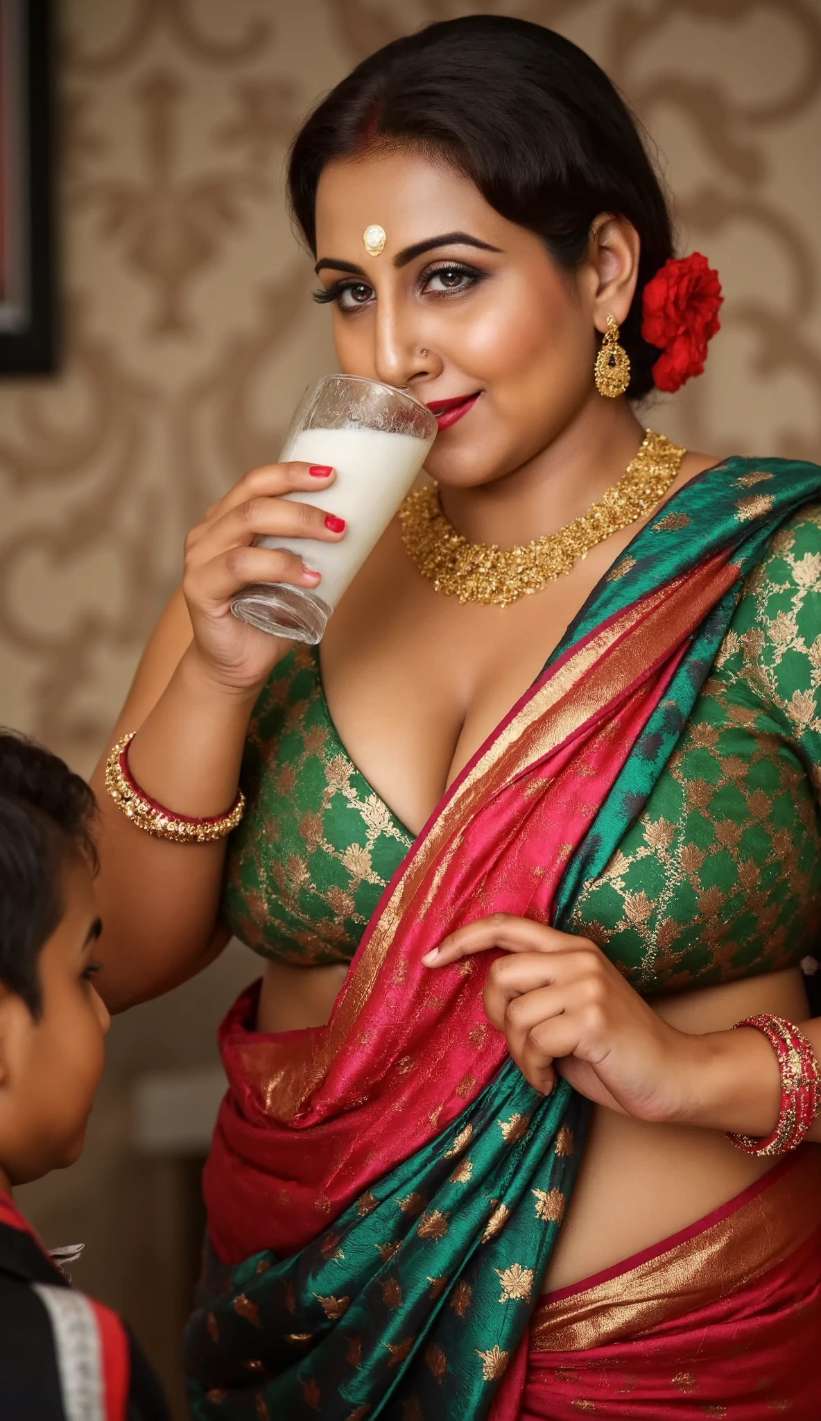 In a sumptuous, traditional indoor setting, the South Asian woman stands near the **** boy, radiating an aura of irresistible seduction. Dressed in a green sari with intricate gold embroidery, the fabric hugs her voluptuous curves, accentuating her thick body and hourglass shape. Every movement she makes is purposeful, drawing attention to her big breasts and wide hips. Her gold jewelry—necklace, bangles, and nose ring—shines with elegance, further enhancing her regal presence.

Her updo hairstyle, adorned with a red flower and gold hairpin, perfectly frames her face, which is defined by bold, smoky eyes and long curled lashes. Her cat-like gaze is both intense and luring, pulling in anyone who dares to meet her eyes. Her lips curl into a teasing smile, playful and provocative, as she slowly lifts a glass of milk to her lips.

As the boy watches, she takes a deliberate sip, her eyes never leaving his. She swirls the milk around in the glass for a moment, savoring the smooth texture, her full lips parting slightly as she drinks, the sensuality of the act amplified by the intimacy of the moment. Her gaze deepens, the air thick with the sensual tension between them, as she leans slightly toward him, offering him a knowing, teasing smile. The milk, white and smooth, contrasts with the deep red of her sari and the gold accents of her jewelry, a visual feast of elegance and indulgence.

With a playful glint in her eye, she places the glass down and encourages him to drink more, though this time her seductive cheering takes on a new intensity, as she herself savors the milk with slow, deliberate movements. Her body language oozes confidence, as if she’s fully in control of the situation, coaxing the **** boy with both her charm and her actions.

The 10 yr old boy is wearing black shorts only, remains captivated, his hand still resting on her shoulder, but his focus is entirely on her. The room is bathed in warm lighting, and the ornate wallpaper with subtle beige a