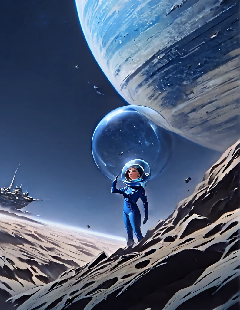 Woman wearing a blue bubble helmet space suit . . She is floating in space she as if she was standing stiff with her feet pointing downward. OThe is sharp jagged space debris floating around. She is in front of a wrecked star ship 