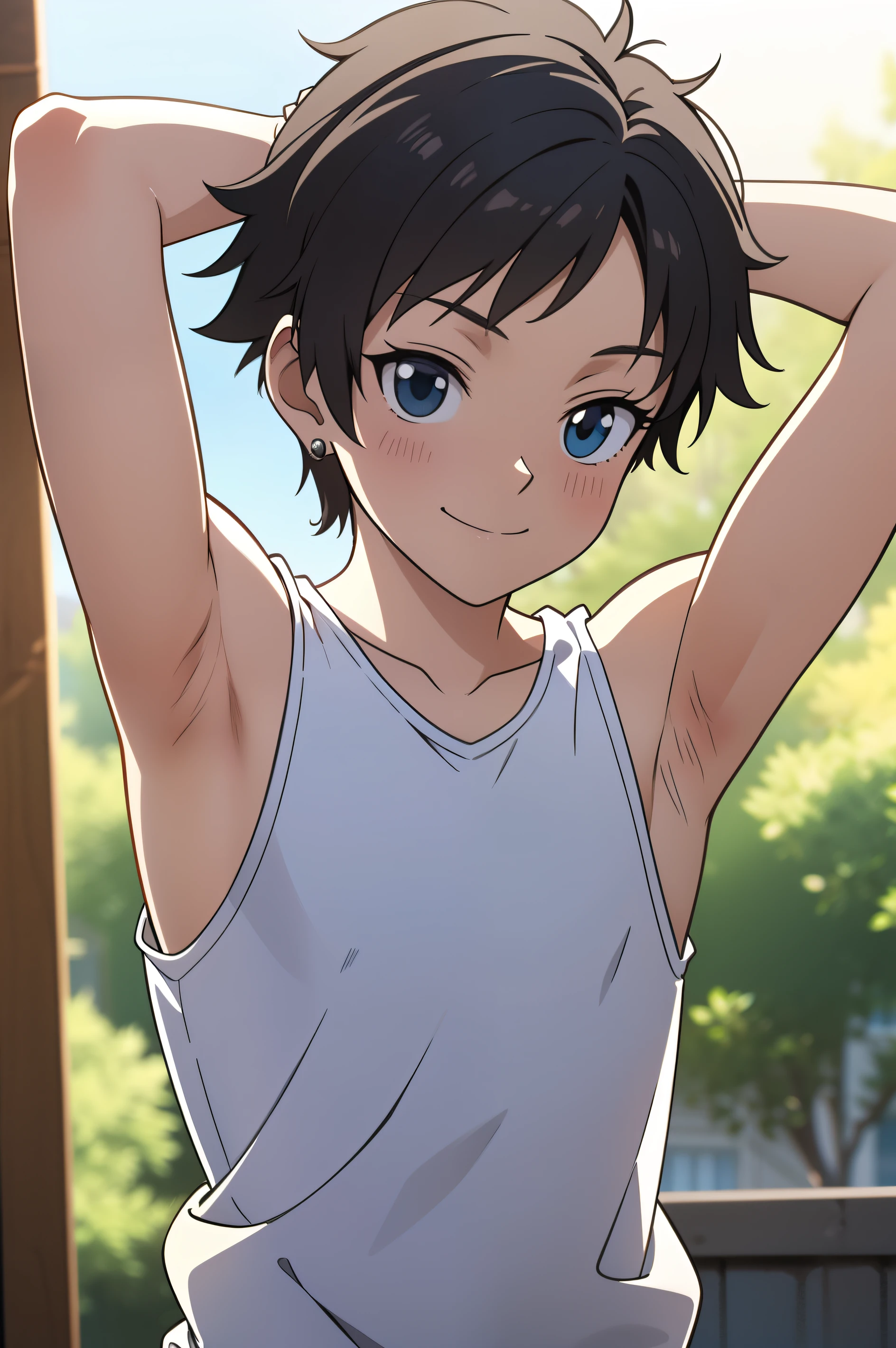 Highres, Masterpiece, Best quality at best,Best Quality,hight quality, hight detailed, Anime style, 1boy, Boy, Shota, Solo person, hansome, short hair, Earring, Tank top, Upper body, Summer day, naughty smile, Slim body, Blurry beckground, Seen from the front, (Showing armpit:1.3), ( boy), (very small and short body), Uhd