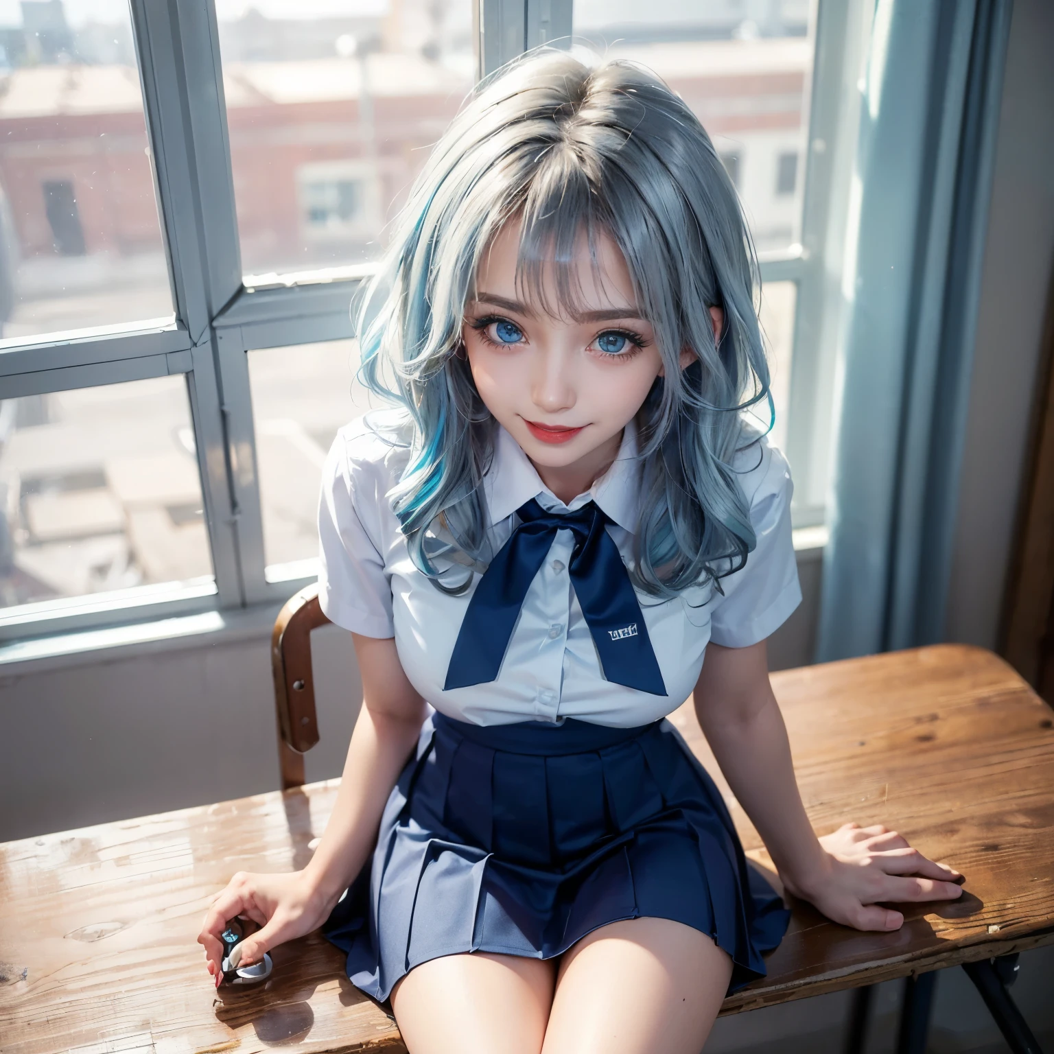 Hot woman, blue hair, blue eyes, black school clothes, sexy pose