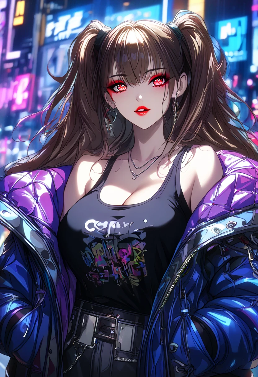 1girl, beautiful detailed eyes, beautiful detailed lips, hip-hop style outfit, street style fashion, urban city background, neon lights, vibrant colors, dynamic pose, graffiti art, cinematic lighting, , showing bare shoulders, cleavage,big breasts, 8k, high quality, cinematic, highly detailed, sharp focus,physically-based rendering,extreme detail description,professional,vivid colors,bokeh,portraits, long hair,hutao, long hair, bangs, brown hair, red eyes, hair between eyes, twintails, sidelocks, symbol-shaped pupils, makeup, lipstick, red lipstick, whole body, full body shot
