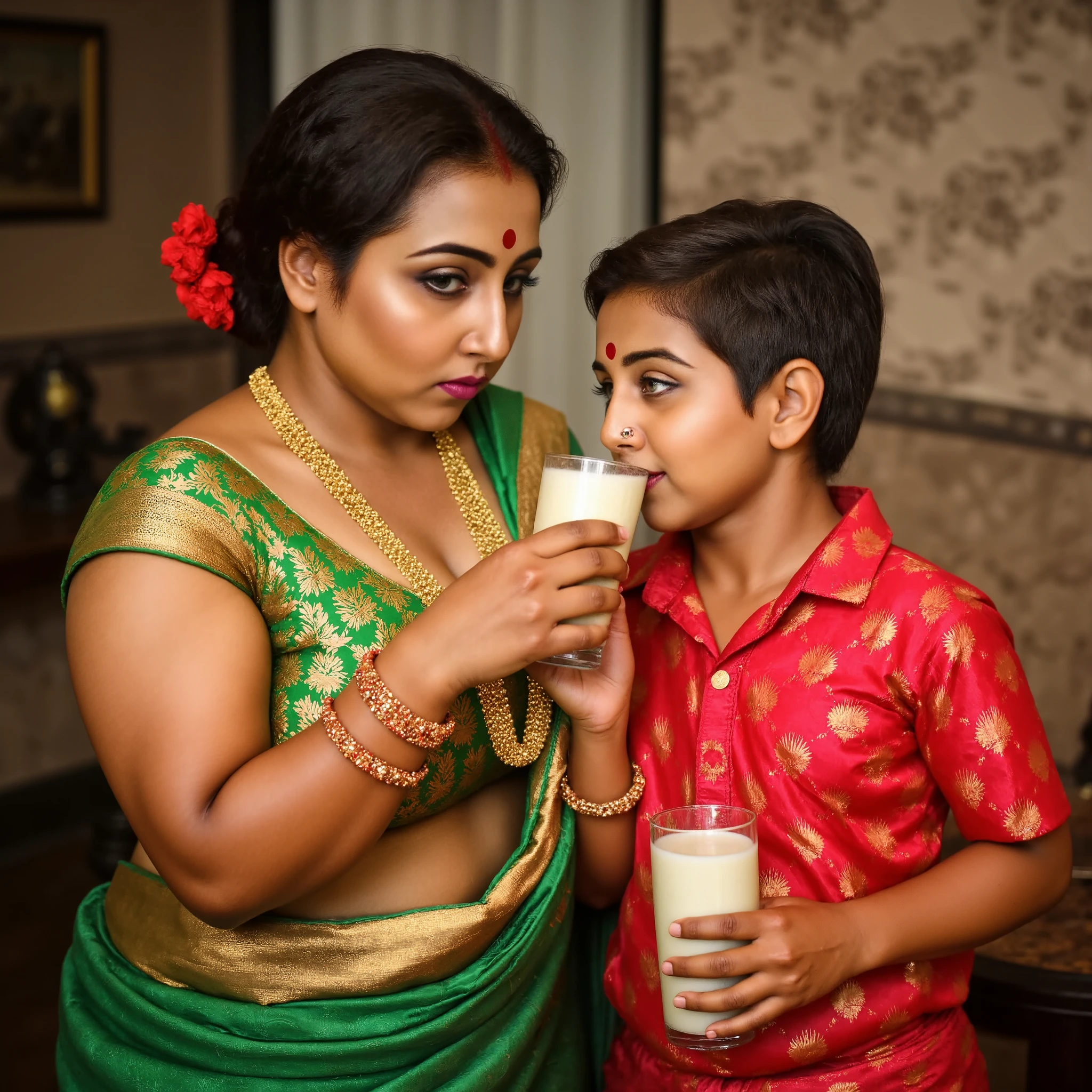 In a sumptuous, traditional indoor setting, the South Asian woman stands near the **** boy, radiating an aura of irresistible seduction. Dressed in a green sari with intricate gold embroidery, the fabric hugs her voluptuous curves, accentuating her thick body and hourglass shape. Every movement she makes is purposeful, drawing attention to her big breasts and wide hips. Her gold jewelry—necklace, bangles, and nose ring—shines with elegance, further enhancing her regal presence.

Her updo hairstyle, adorned with a red flower and gold hairpin, perfectly frames her face, which is defined by bold, smoky eyes and long curled lashes. Her cat-like gaze is both intense and luring, pulling in anyone who dares to meet her eyes. Her lips curl into a teasing smile, playful and provocative, as she slowly lifts a glass of milk to her lips.

As the boy watches, she takes a deliberate sip, her eyes never leaving his. She swirls the milk around in the glass for a moment, savoring the smooth texture, her full lips parting slightly as she drinks, the sensuality of the act amplified by the intimacy of the moment. Her gaze deepens, the air thick with the sensual tension between them, as she leans slightly toward him, offering him a knowing, teasing smile. The milk, white and smooth, contrasts with the deep red of her sari and the gold accents of her jewelry, a visual feast of elegance and indulgence.

With a playful glint in her eye, she places the glass down and encourages him to drink more, though this time her seductive cheering takes on a new intensity, as she herself savors the milk with slow, deliberate movements. Her body language oozes confidence, as if she’s fully in control of the situation, coaxing the **** boy with both her charm and her actions.

The 10 yr old boy is wearing black shorts only, remains captivated, his hand still resting on her shoulder, but his focus is entirely on her. The room is bathed in warm lighting, and the ornate wallpaper with subtle beige a