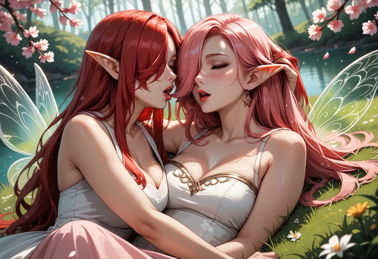 Close-up Perspective, Front View Camera, two radiant elves with vibrant pink hair, Fantasy Photography Style, meet in a moment of intimacy and passion. Her delicate, charming features glow with a unique sheen as her lips come closer in a soft, passionate kiss. Soft pink hair intertwines, creating a soft contrast to their pristine skin. The surrounding environment seems to disappear as they indulge in this special connection. The scene radiates love and beauty, representing the union and affection between these two soulmates., Romantic, in love,