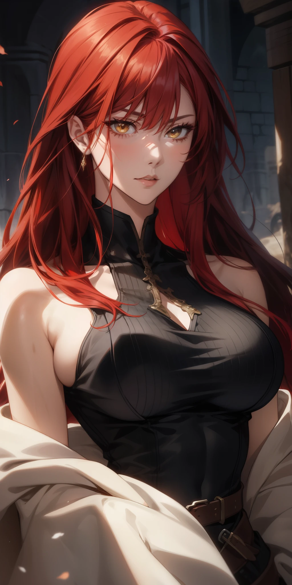 masterpiece, best quality, solo, mythical empress, flower hair, red eyes, red hair, torn clothes, undead, pale, scarred skin,  female creature, castle ruins,