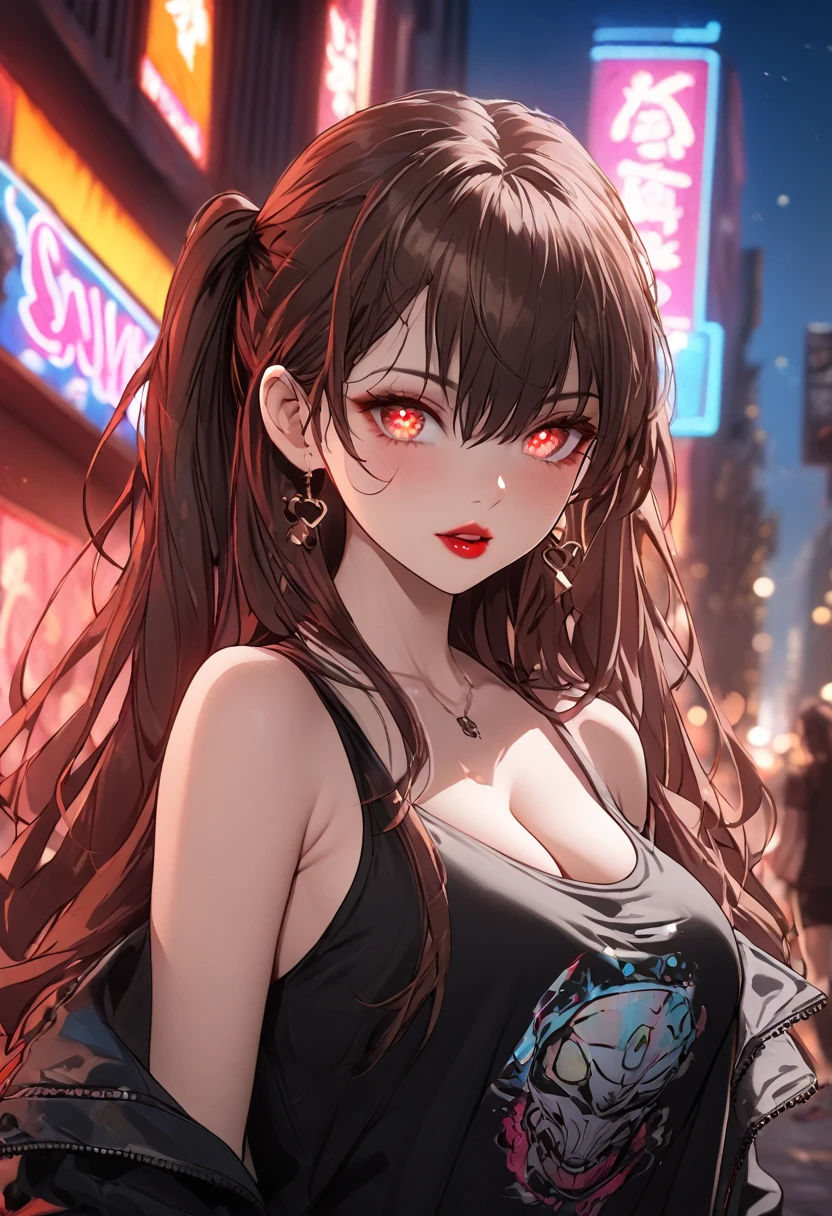 1girl, beautiful detailed eyes, beautiful detailed lips, hip-hop style outfit, street style fashion, urban city background, neon lights, vibrant colors, dynamic pose, graffiti art, cinematic lighting, , showing bare shoulders, cleavage,big breasts, 8k, high quality, cinematic, highly detailed, sharp focus,physically-based rendering,extreme detail description,professional,vivid colors,bokeh,portraits, long hair,hutao, long hair, bangs, brown hair, red eyes, hair between eyes, twintails, sidelocks, symbol-shaped pupils, makeup, lipstick, red lipstick, whole body, full body shot