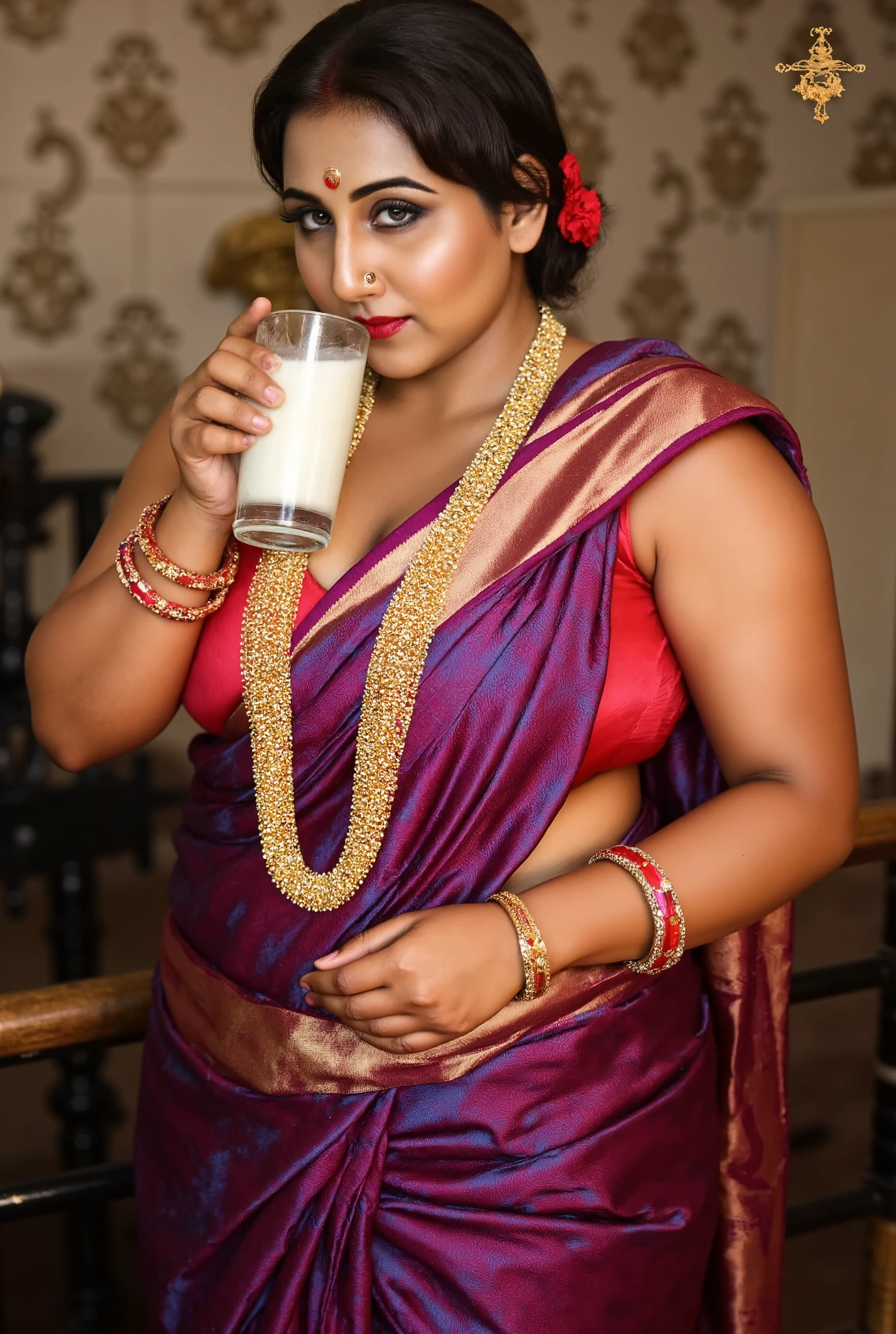 In a sumptuous, traditional indoor setting, the South Asian woman stands near the **** teen boy, radiating an aura of irresistible seduction. Dressed in a grape sari with intricate gold embroidery, the fabric hugs her voluptuous curves, accentuating her thick body and hourglass shape. Every movement she makes is purposeful, drawing attention to her big breasts and wide hips. Her gold jewelry—necklace, bangles, and nose ring—shines with elegance, further enhancing her regal presence.

Her updo hairstyle, adorned with a red flower and gold hairpin, perfectly frames her face, which is defined by bold, smoky eyes and long curled lashes. Her cat-like gaze is both intense and luring, pulling in anyone who dares to meet her eyes. Her lips curl into a teasing smile, playful and provocative, as she slowly lifts a glass of milk to her lips.

As the boy watches, she takes a deliberate sip, her eyes never leaving his. She swirls the milk around in the glass for a moment, savoring the smooth texture, her full lips parting slightly as she drinks, the sensuality of the act amplified by the intimacy of the moment. Her gaze deepens, the air thick with the sensual tension between them, as she leans slightly toward him, offering him a knowing, teasing smile. The milk, white and smooth, contrasts with the deep red of her sari and the gold accents of her jewelry, a visual feast of elegance and indulgence.

With a playful glint in her eye, she places the glass down and encourages him to drink more, though this time her seductive cheering takes on a new intensity, as she herself savors the milk with slow, deliberate movements. Her body language oozes confidence, as if she’s fully in control of the situation, coaxing the **** boy with both her charm and her actions.

The 15 yr old boy is wearing black shorts only, remains captivated, his hand still resting on her shoulder, but his focus is entirely on her. The room is bathed in warm lighting, and the ornate wallpaper with subtle beige a