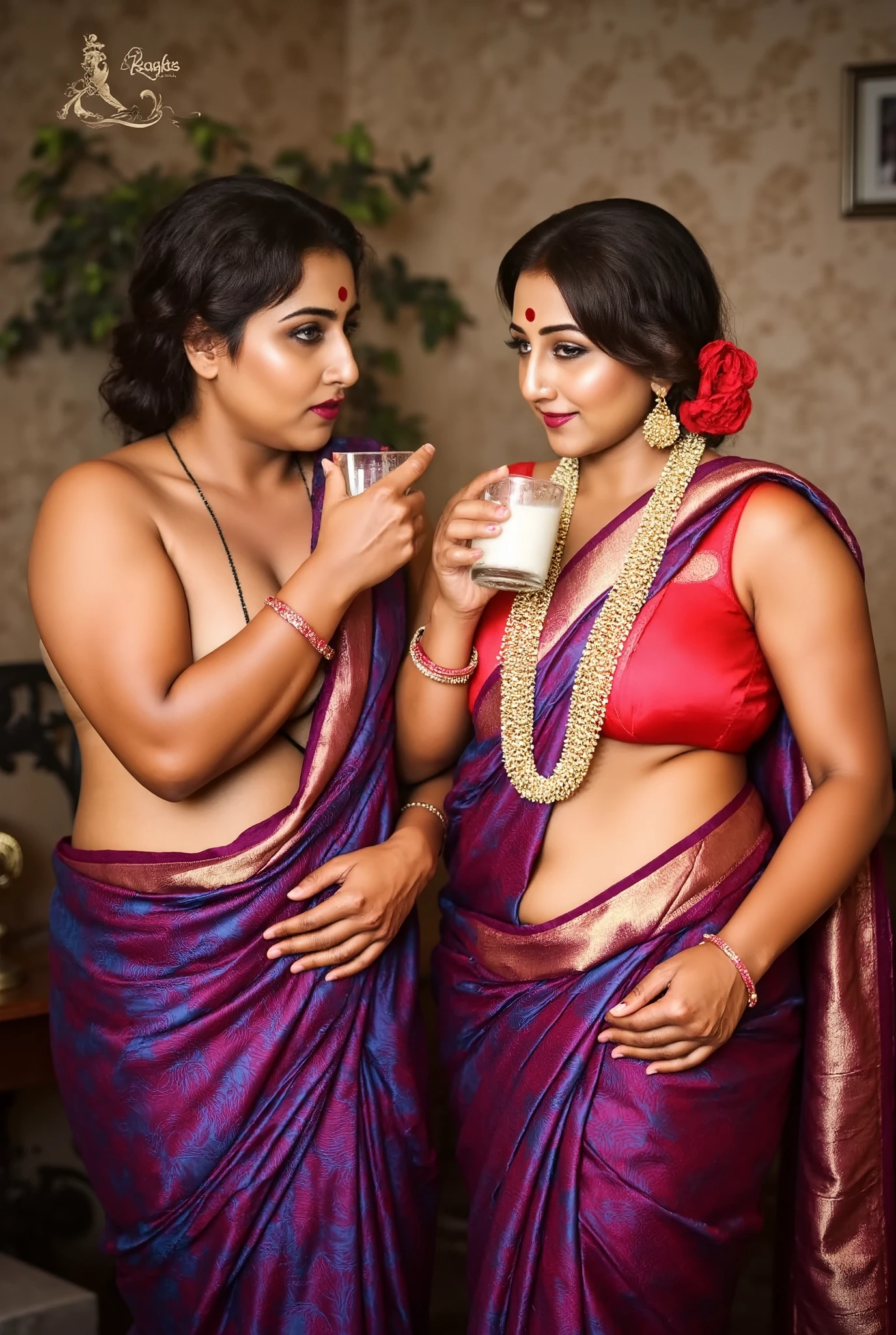 In a sumptuous, traditional indoor setting, the South Asian woman stands near the **** teen boy, radiating an aura of irresistible seduction. Dressed in a grape sari with intricate gold embroidery, the fabric hugs her voluptuous curves, accentuating her thick body and hourglass shape. Every movement she makes is purposeful, drawing attention to her big breasts and wide hips. Her gold jewelry—necklace, bangles, and nose ring—shines with elegance, further enhancing her regal presence.

Her updo hairstyle, adorned with a red flower and gold hairpin, perfectly frames her face, which is defined by bold, smoky eyes and long curled lashes. Her cat-like gaze is both intense and luring, pulling in anyone who dares to meet her eyes. Her lips curl into a teasing smile, playful and provocative, as she slowly lifts a glass of milk to her lips.

As the boy watches, she takes a deliberate sip, her eyes never leaving his. She swirls the milk around in the glass for a moment, savoring the smooth texture, her full lips parting slightly as she drinks, the sensuality of the act amplified by the intimacy of the moment. Her gaze deepens, the air thick with the sensual tension between them, as she leans slightly toward him, offering him a knowing, teasing smile. The milk, white and smooth, contrasts with the deep red of her sari and the gold accents of her jewelry, a visual feast of elegance and indulgence.

With a playful glint in her eye, she places the glass down and encourages him to drink more, though this time her seductive cheering takes on a new intensity, as she herself savors the milk with slow, deliberate movements. Her body language oozes confidence, as if she’s fully in control of the situation, coaxing the **** boy with both her charm and her actions.

The 15 yr old boy is wearing black shorts only, remains captivated, his hand still resting on her shoulder, but his focus is entirely on her. The room is bathed in warm lighting, and the ornate wallpaper with subtle beige a