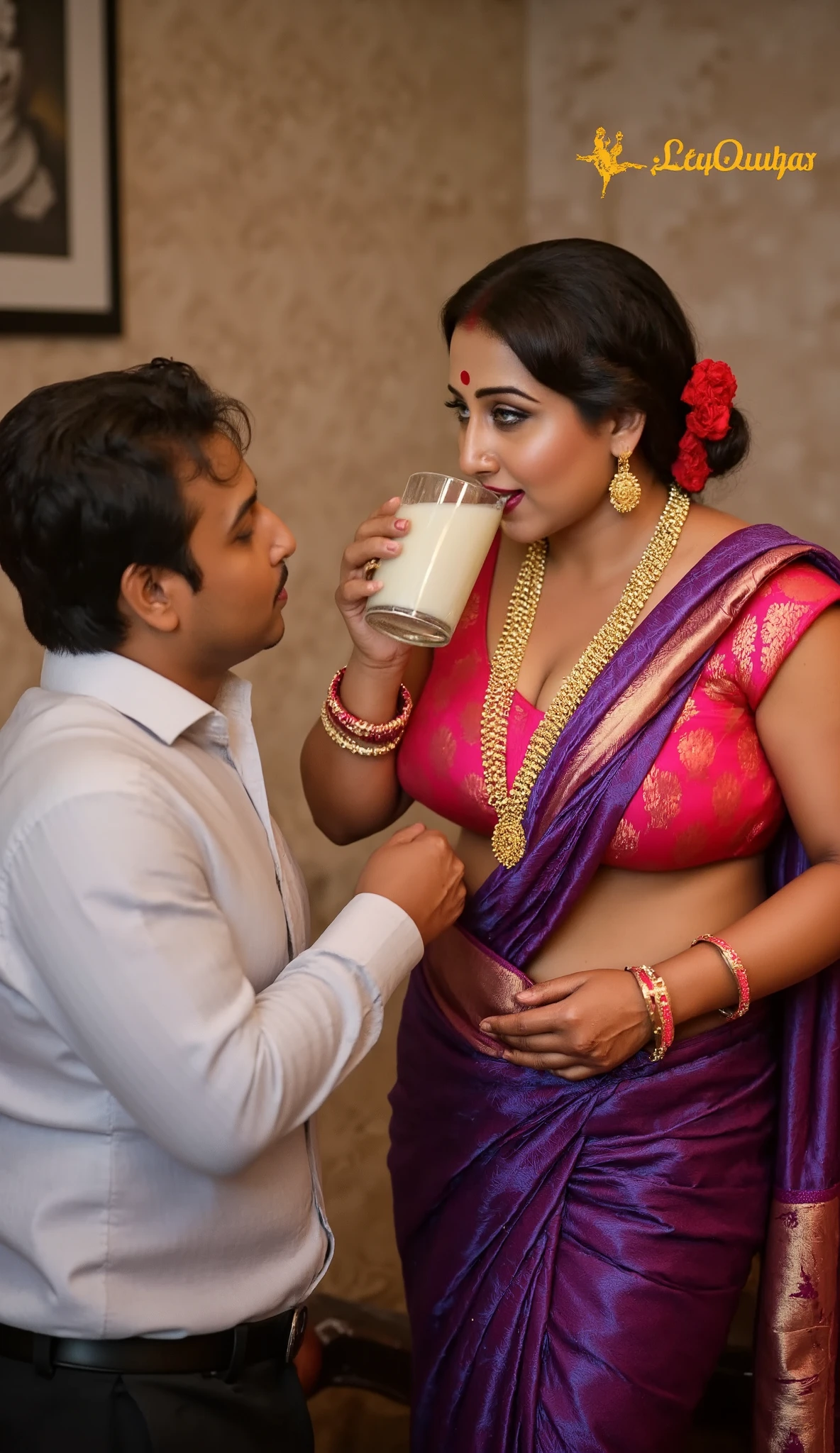 In a sumptuous, traditional indoor setting, the South Asian woman stands near the **** teen boy, radiating an aura of irresistible seduction. Dressed in a grape sari with intricate gold embroidery, the fabric hugs her voluptuous curves, accentuating her thick body and hourglass shape. Every movement she makes is purposeful, drawing attention to her big breasts and wide hips. Her gold jewelry—necklace, bangles, and nose ring—shines with elegance, further enhancing her regal presence.

Her updo hairstyle, adorned with a red flower and gold hairpin, perfectly frames her face, which is defined by bold, smoky eyes and long curled lashes. Her cat-like gaze is both intense and luring, pulling in anyone who dares to meet her eyes. Her lips curl into a teasing smile, playful and provocative, as she slowly lifts a glass of milk to her lips.

As the boy watches, she takes a deliberate sip, her eyes never leaving his. She swirls the milk around in the glass for a moment, savoring the smooth texture, her full lips parting slightly as she drinks, the sensuality of the act amplified by the intimacy of the moment. Her gaze deepens, the air thick with the sensual tension between them, as she leans slightly toward him, offering him a knowing, teasing smile. The milk, white and smooth, contrasts with the deep red of her sari and the gold accents of her jewelry, a visual feast of elegance and indulgence.

With a playful glint in her eye, she places the glass down and encourages him to drink more, though this time her seductive cheering takes on a new intensity, as she herself savors the milk with slow, deliberate movements. Her body language oozes confidence, as if she’s fully in control of the situation, coaxing the **** boy with both her charm and her actions.

The 15 yr old boy is wearing black shorts only, remains captivated, his hand still resting on her shoulder, but his focus is entirely on her. The room is bathed in warm lighting, and the ornate wallpaper with subtle beige a