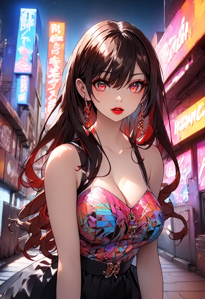 1girl, beautiful detailed eyes, beautiful detailed lips, hip-hop style outfit, street style fashion, urban city background, neon lights, vibrant colors, dynamic pose, graffiti art, cinematic lighting, , showing bare shoulders, cleavage,big breasts, 8k, high quality, cinematic, highly detailed, sharp focus,physically-based rendering,extreme detail description,professional,vivid colors,bokeh,portraits, long hair,hutao, long hair, bangs, brown hair, red eyes, hair between eyes, twintails, sidelocks, symbol-shaped pupils, makeup, lipstick, red lipstick, whole body, full body shot
