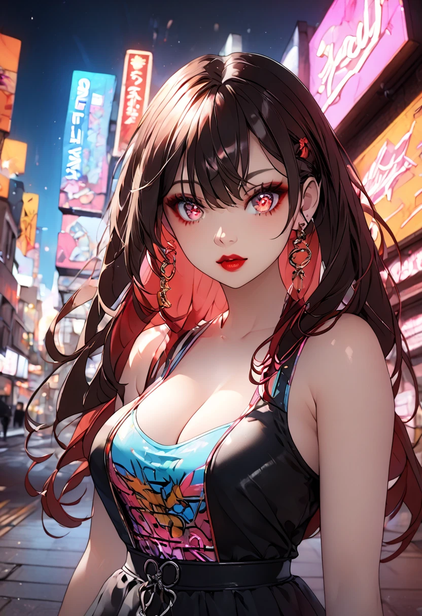 1girl, beautiful detailed eyes, beautiful detailed lips, hip-hop style outfit, street style fashion, urban city background, neon lights, vibrant colors, dynamic pose, graffiti art, cinematic lighting, , showing bare shoulders, cleavage,big breasts, 8k, high quality, cinematic, highly detailed, sharp focus,physically-based rendering,extreme detail description,professional,vivid colors,bokeh,portraits, long hair,hutao, long hair, bangs, brown hair, red eyes, hair between eyes, twintails, sidelocks, symbol-shaped pupils, makeup, lipstick, red lipstick, whole body, full body shot
