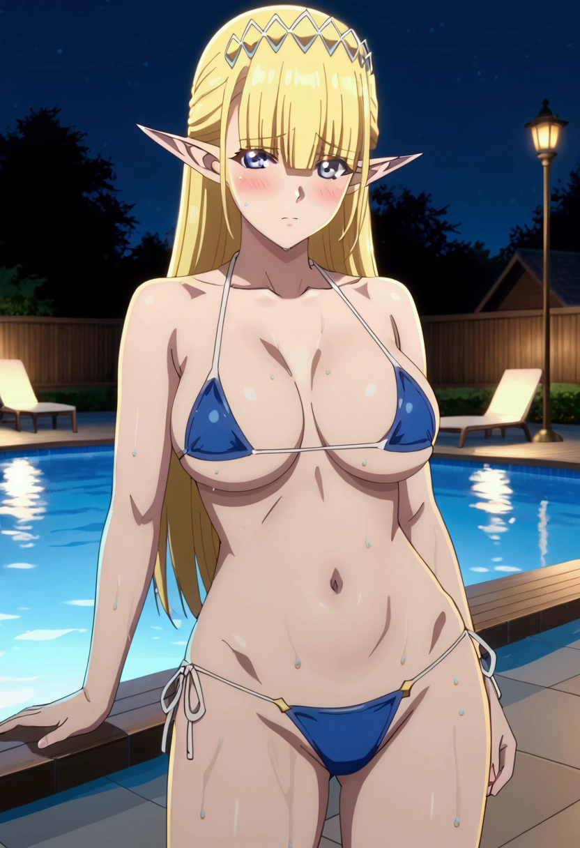 Seras Ashrain, 1girl, , blonde hair, solo, long hair, blue eyes, large breasts, blunt bangs, elf, pointy ears, anime screencap, anime coloring, Bikini Swimwear, micro bikini, sexy pose, blush, shy, Pose seductively, Posing provocatively, Wet body, pool, night, looking at viewer, Body tingling, full body, Bare Neck