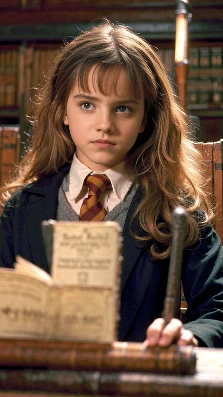 (((realistic:1.2))), Hermione, in her classic red school uniform, ((only green books)) inside a library, holding the brown wand with the tip, ((glowing from the lumos spell)), colorful, digital painting, concept art, smooth, sharp focus, illustration, art hyperdetailed, by john blanche retouched, realistic, smooth face, perfect eyes, symmetrical, full body shot, wide angle, sharp focus, 8 k high definition, insanely detailed, intricate, elegant, art by artgerm
