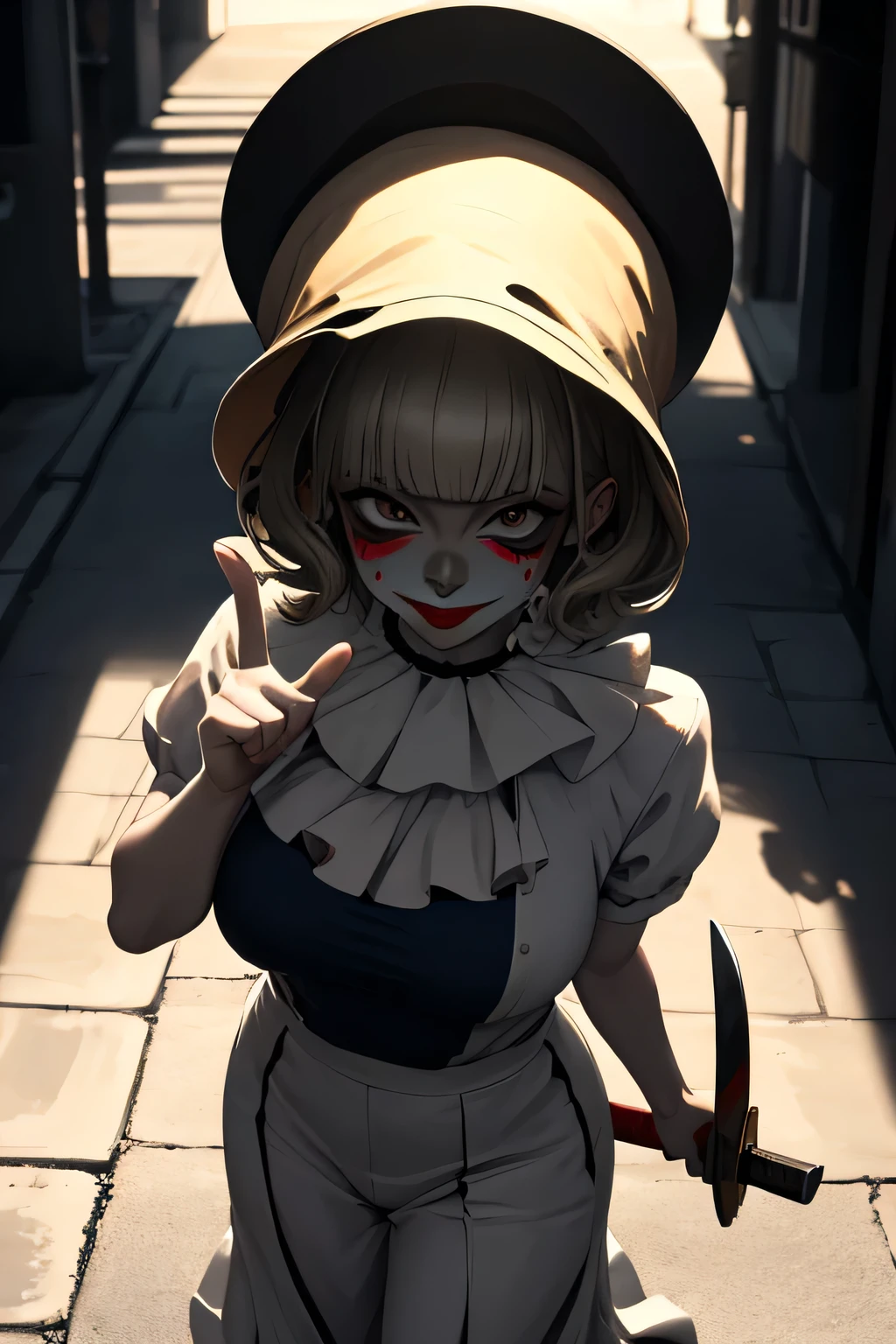 Masterpiece, Best Quality, Coloured image,Hi-Res, source_anime, (good_hands:0.9) , 1girl, black eyes, maniac eyes, clown hat, clown make up, silver light brown coloured hair, short curly hair, dirty shirt, clown costume, medium breast, curvy body, holding a machete, pointing machete at viewer, from above.stand, High Contrast Glossy Oily Skin, streeT maniac smile, outdoor, dramatic shadows, cinematic lighting, (light particles:0.8)