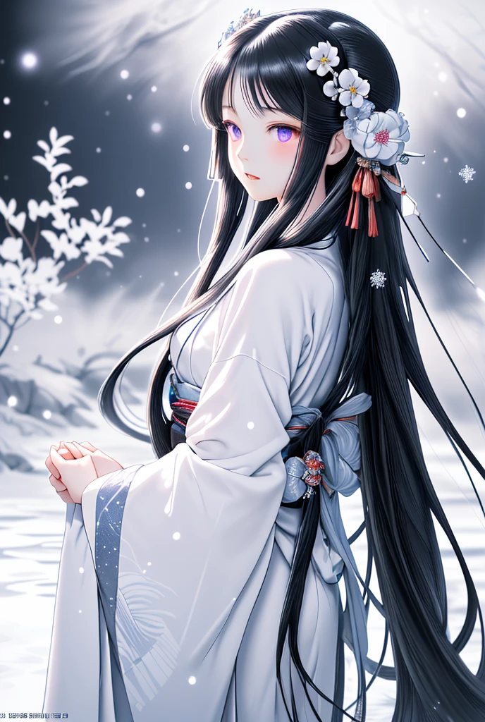  very long hair, Shake your hair,  half up hairstyle, Eye-catching style Anime style Violet Evergarden style (masterpiece), super beautiful, shiny long straight hair (high quality), (beautifully detailed face), (beautifully detailed eyes)), (beautiful and beautiful hands), (highly detailed CG)), ((8k_wallpaper)), beautiful hands, | Princess Kaguya is a legendary beauty who appears in Japanese folklore. Her amazingly elaborate and luxurious white twelve-layered kimono is breathtakingly beautiful against the backdrop of snowflake patterns and the first snow. Her long, flowing black hair flows gracefully down her back, and her calm yet mysterious expression is timeless and mysterious. Wrapped in a soft, otherworldly glow, Princess Kaguya embodies the essence of heavenly grace and elusive charm. I think I have created a fantastic image that brings out Princess Kaguya's beauty and mysterious charm. textured skin,  high definition model , masterpiece,  has won many awards , 