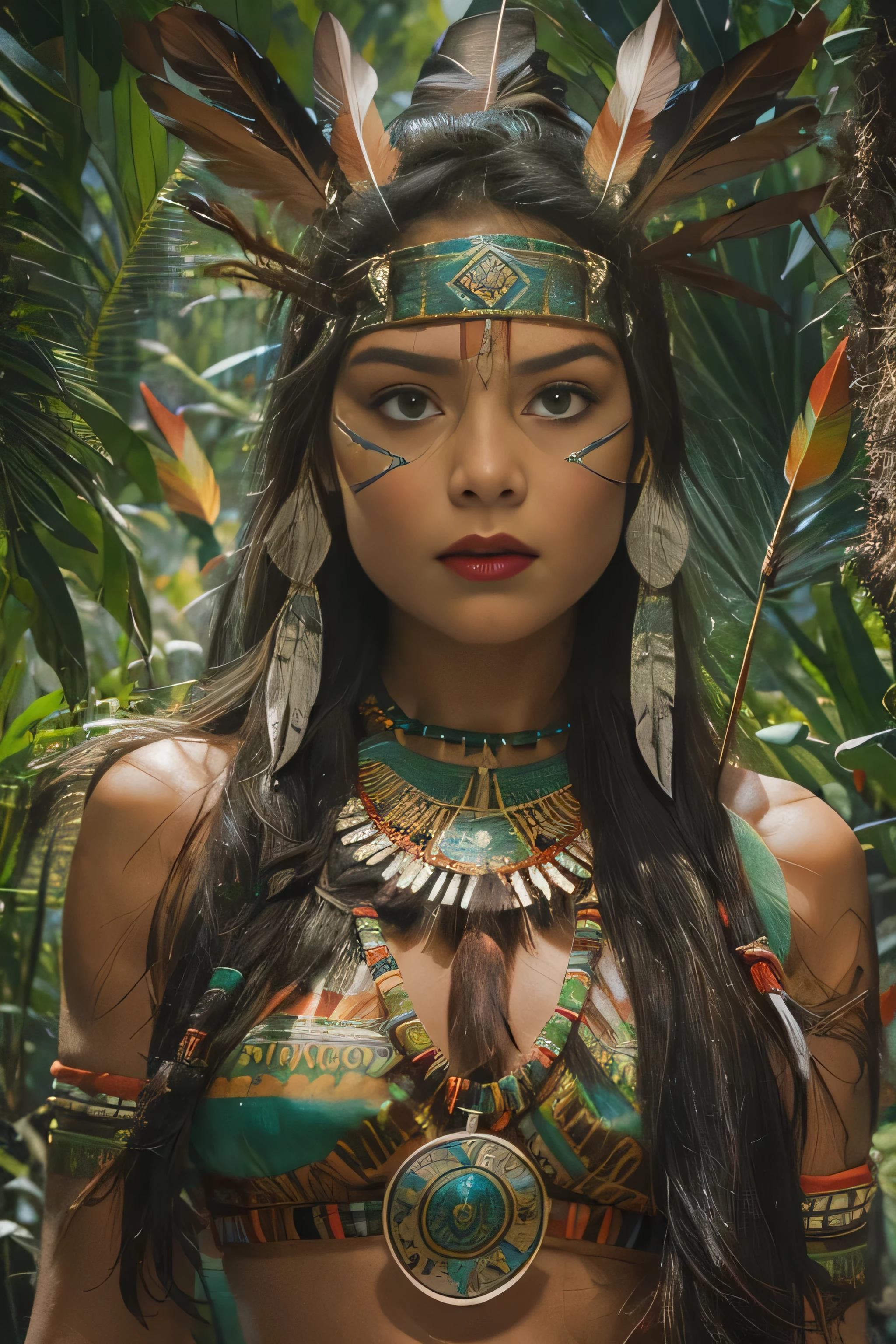 A young woman of radiant beauty, the most beautiful cabocla jurema in the world, , indigenous, with feathers on her head, long straight hair falling over her shoulders, ((magnetic green eyes)), ((square face and hollow chin)) , ((strong expression of a warrior woman)), sexy and sensual, indigenous body paintings, body and beauty of a Goddess, half naked ((wearing wild animal skin)), ((with bow and arrows on her back)),( (in the background a sacred temple in the middle of a forest on a full moon night))