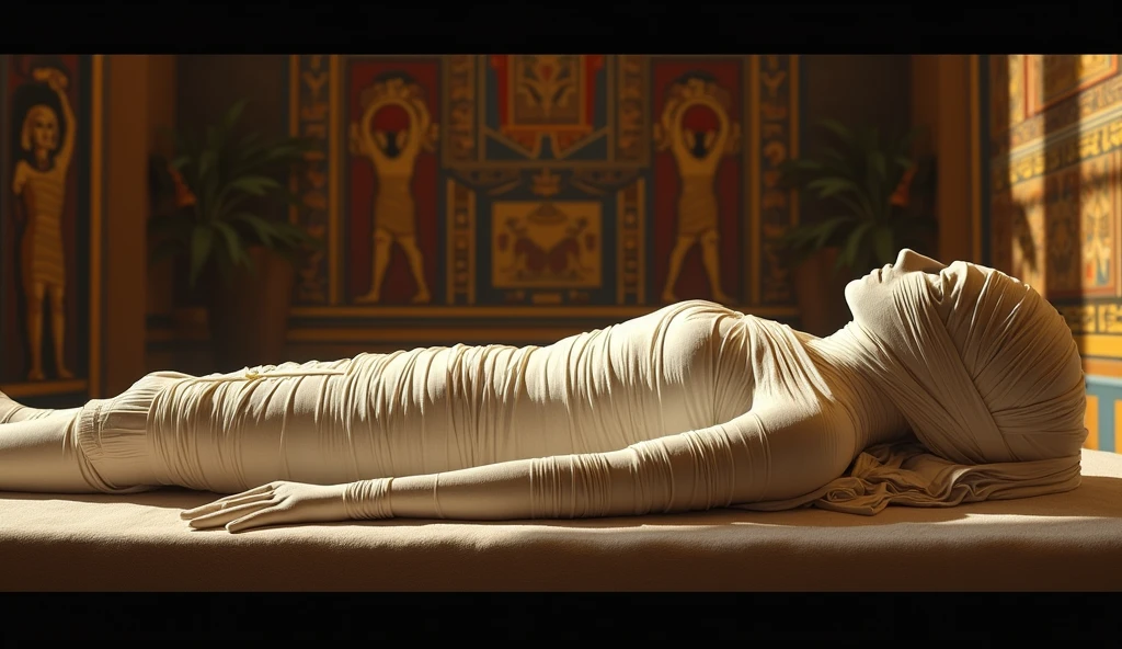 “Create the image of a woman in white clothes, dead on a bed, in a locked psychiatric hospital cell, with the door ajar, revealing the body of a woman on the bed. The mysterious elements of the scene include an ivory rope wrapped around the neck and gold medals with strange symbols on the ends of the rope. The lighting is dark and dramatic.”