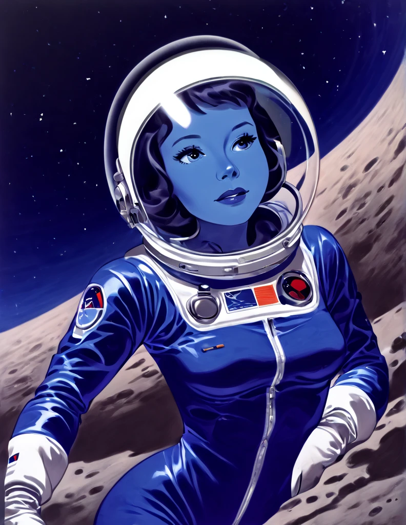 Woman wearing a blue skin tight space suit with a retro clear dome Astronaut helmet. . She is floating in space 