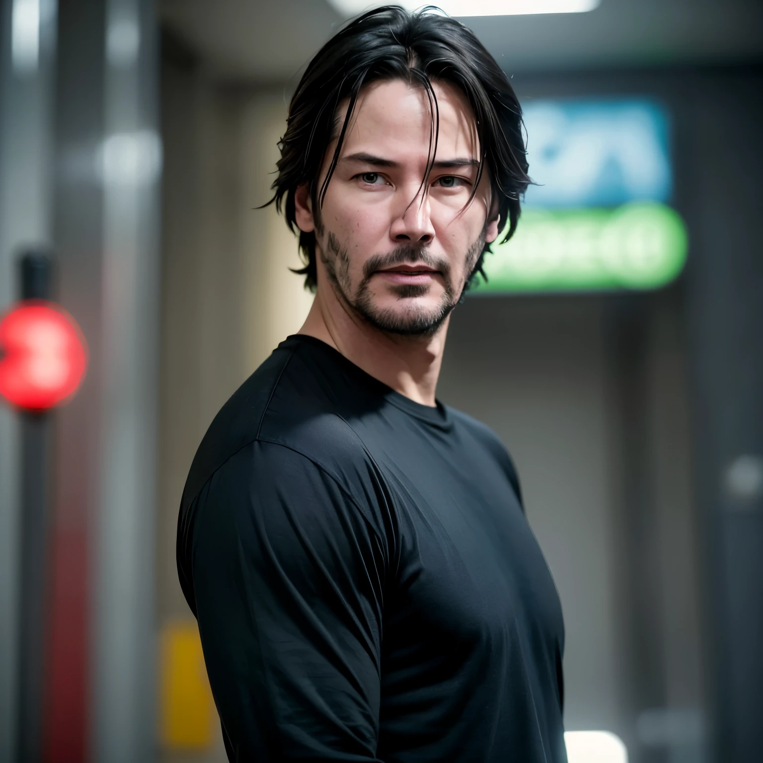 A handsome male, attractive in appearance, with sharp bright eyes and short white curly hair, the man has a muscular build and toned figure, the man's body is slightly scarred due to him being a martial art fighter, the man's height is 6'5 and has sharp fangs. He has his arms crossed and is wearing a tight black compression shirt. The man is serious and emotionless in expression.