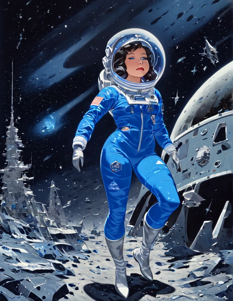 Woman wearing a blue skin tight space suit, with a retro clear dome Astronaut helmet. . She is floating in space she as if she was standing stiff with her feet pointing downward. OThe is sharp jagged space debris floating around. She is in front of a wrecked star ship 