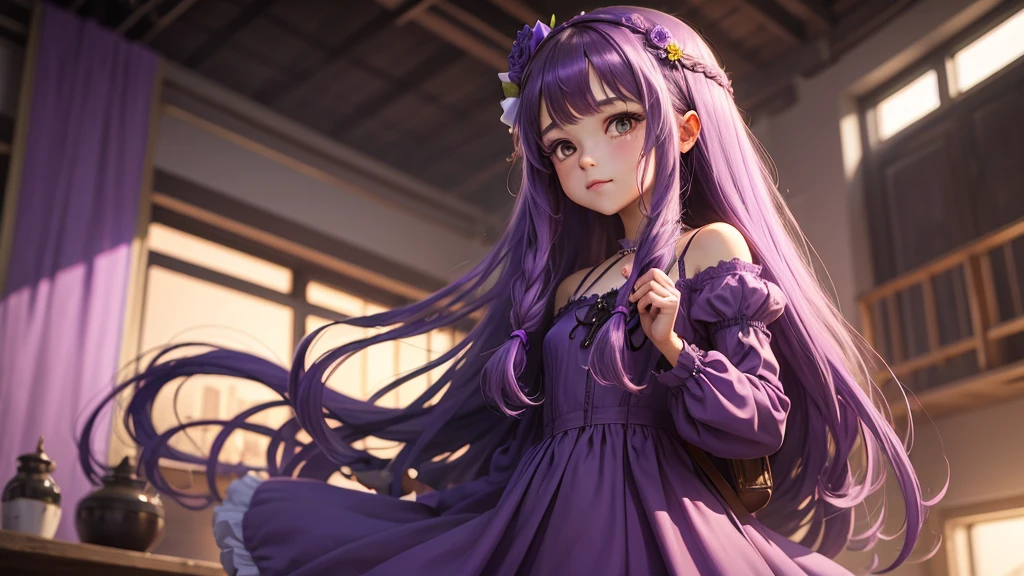 Teenage, girl, beautiful, (purple hair), (emerald green eyes), wearing a dress