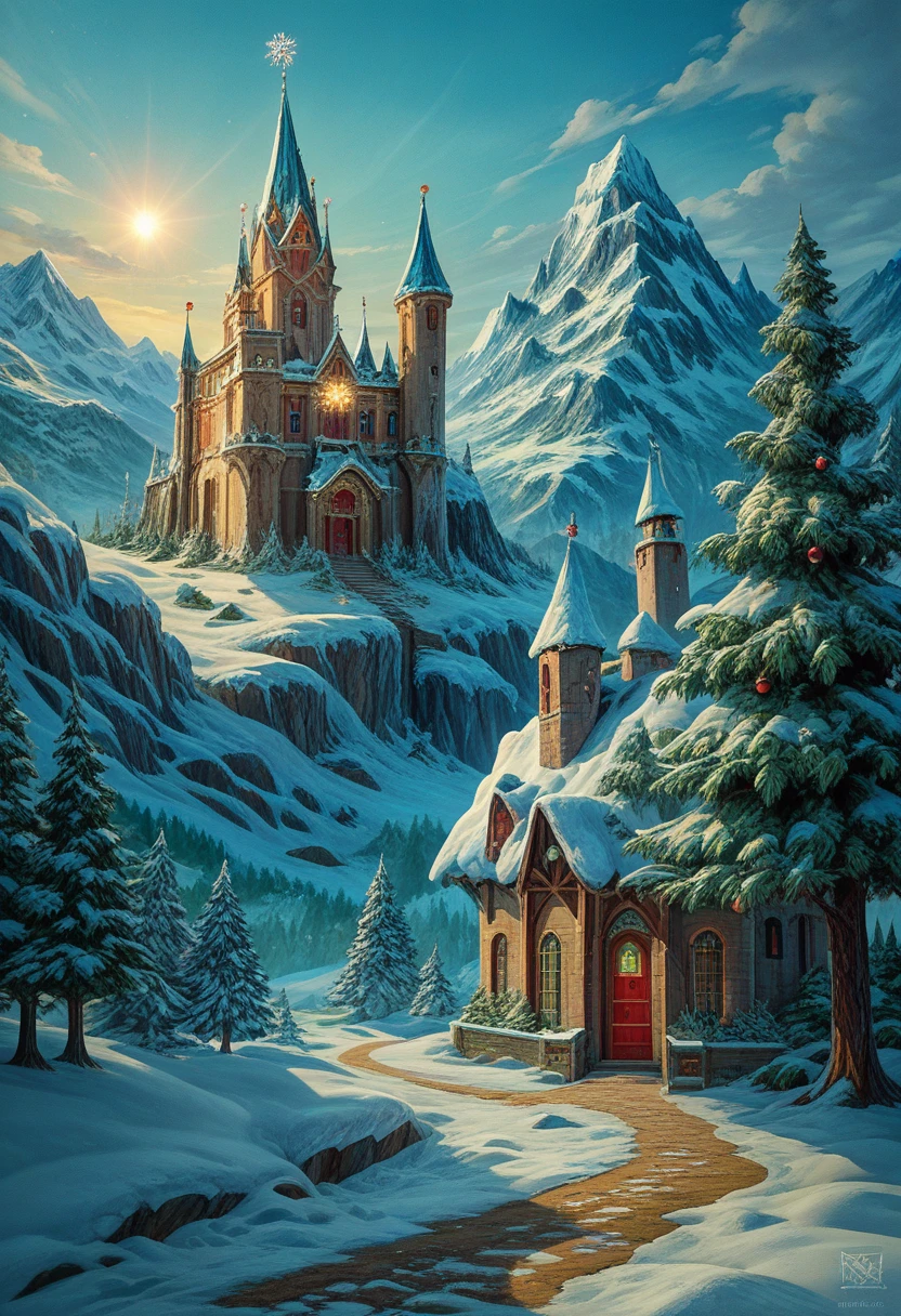 Snow Mountain Landscape Shining Exquisite Clear Glass Castle and Christmas Tree Snow Mountain Landscape Winter Night Environment Village with Subtle Glitter Exquisite Art Details， Illustration Style Retro Style Snowflake Flying Dance ，Snowflakes Adorable Holographic Glowing Effect ， Best Quality ，  Extremely complex exquisite details Overall scene shows intense creativity and depth dynamic technology basket lighting effects ），Fantasy realistic game poster style 