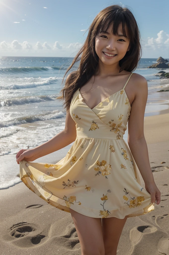 Slender cute petite asian girl is at crowded remote rural sand beach, and sea waves in background. wearing yellow floral dress. . very erotic atmosphere , happy and smiling, best sunlight, best quality, soft detailed,