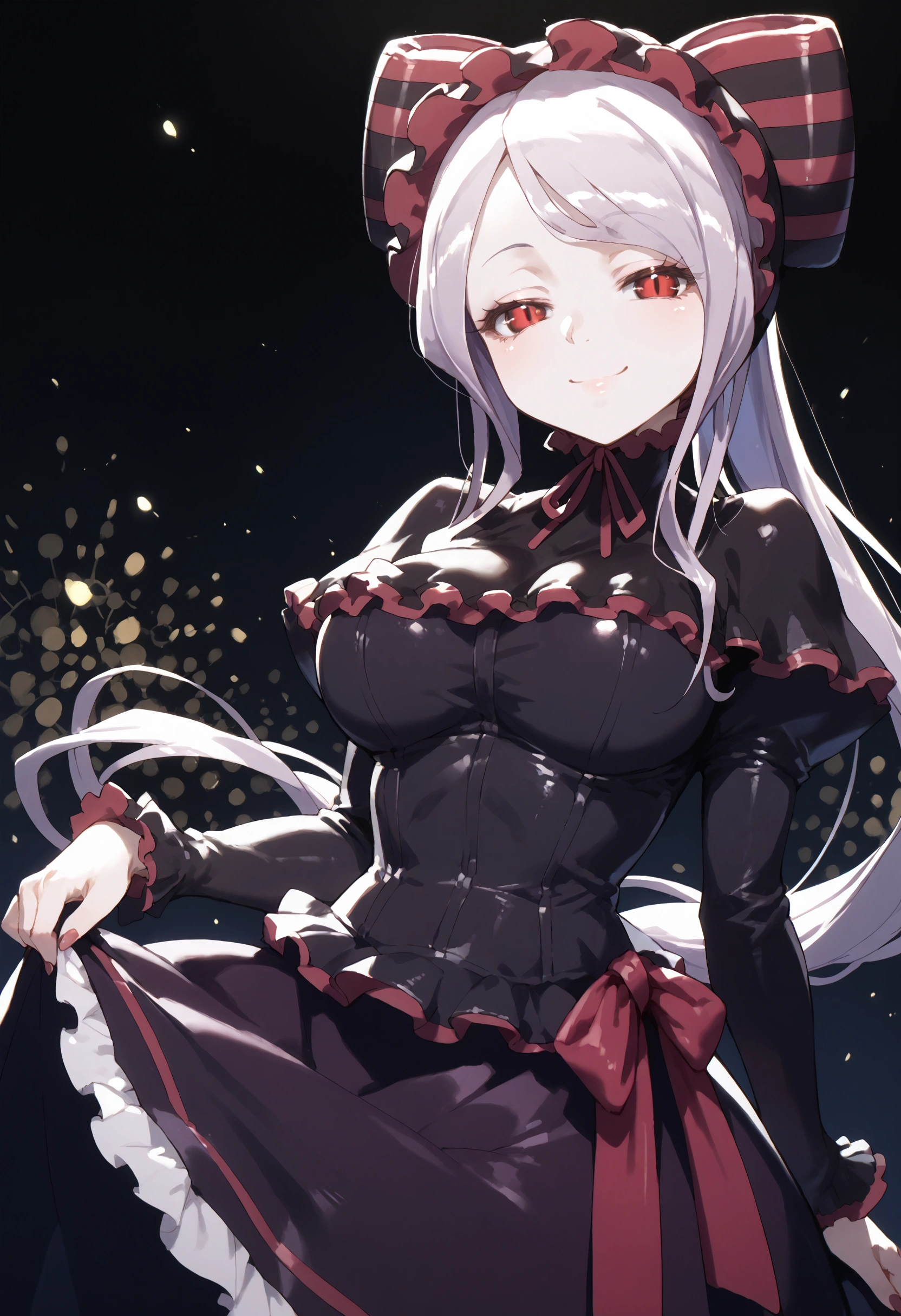 score_9, score_8_up, score_7_up, detailed background, shiny skin, posing, rating safe,shalltear,large breasts, cowboy shot, leaning, greeting, half-closed eyes, holding skirts, looking at viewer, smile,