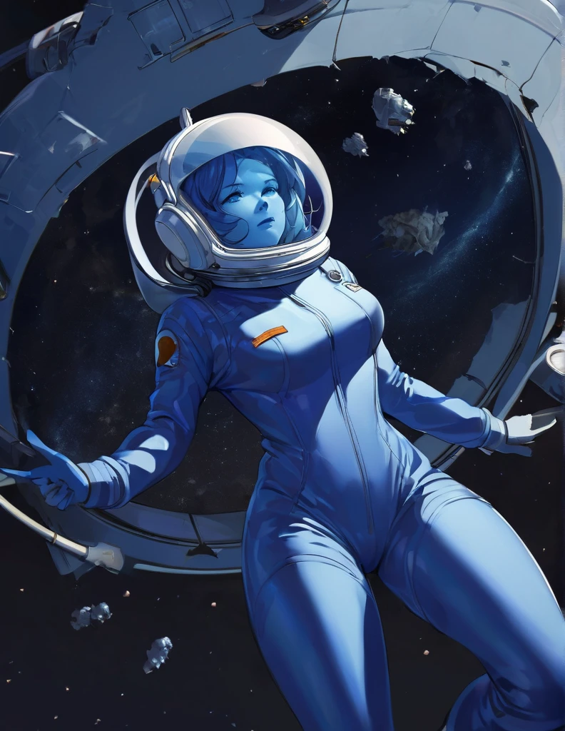 Woman wearing a blue skin tight space suit, with a retro clear dome Astronaut helmet. . She is floating in space she as if she was standing stiff with her feet pointing downward. OThe is sharp jagged space debris floating around. She is in front of a wrecked star ship 