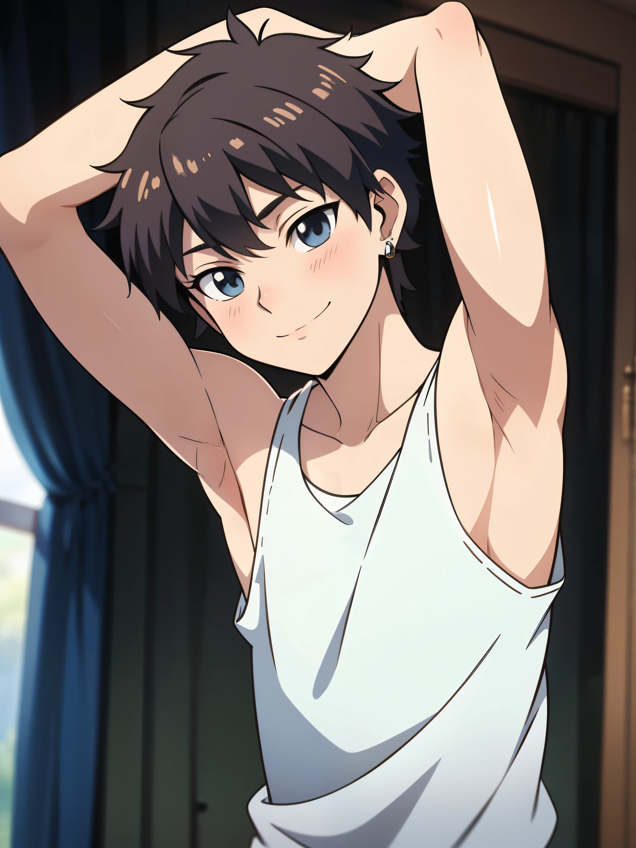 Highres, Masterpiece, Best quality at best,Best Quality,hight quality, hight detailed, Anime style, 1boy, Boy, Shota, Solo person, hansome, short hair, Earring, Tank top, Upper body, Summer day, naughty smile, Slim body, Blurry beckground, Seen from the front, zoom in to the armpit, Focus on the armpit, shine closer to the armpit, Cute armpit, Sexy armpit, beautiful armpits, seductive armpits, a Boy cutely shows his armpit, Such  a cute smooth armpit, The armpits of a  boy, Adorable little armpits, Give me a proportional picture of a  boy's armpits,
Give me a picture of the armpit of a young boy, the armpit looks clean and smells good, the armpit is very beautiful, the boy is teasing using his armpit, (Showing armpit:1.3), (very young boy), (very small and short body), Uhd